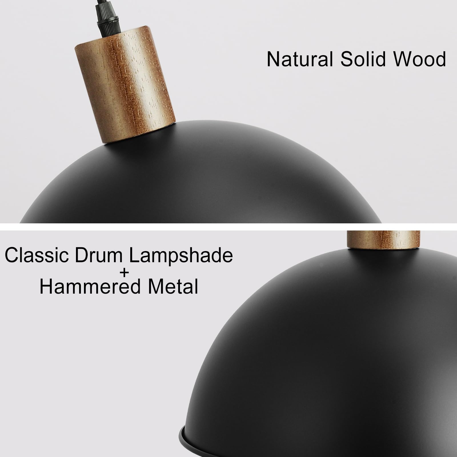 12 Inch 1-Light Solid Wood Blackpendant Lights, Modern Hammered Metal Shade Lighting, Large Hanging Light,Adjustable Industrial