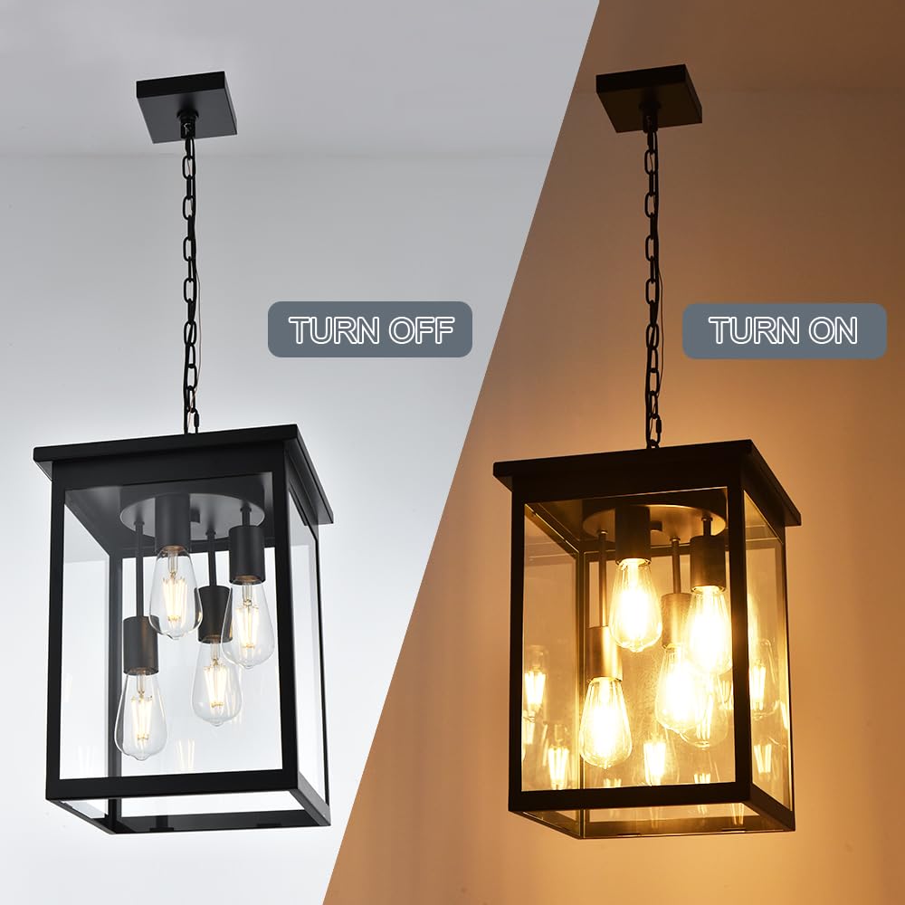 Todoluz Large Outdoor Pendant Light Fixtures, 4-Lights Black Exterior Ceiling Hanging Lanterns With Clear Glass, Farmhouse Outdo