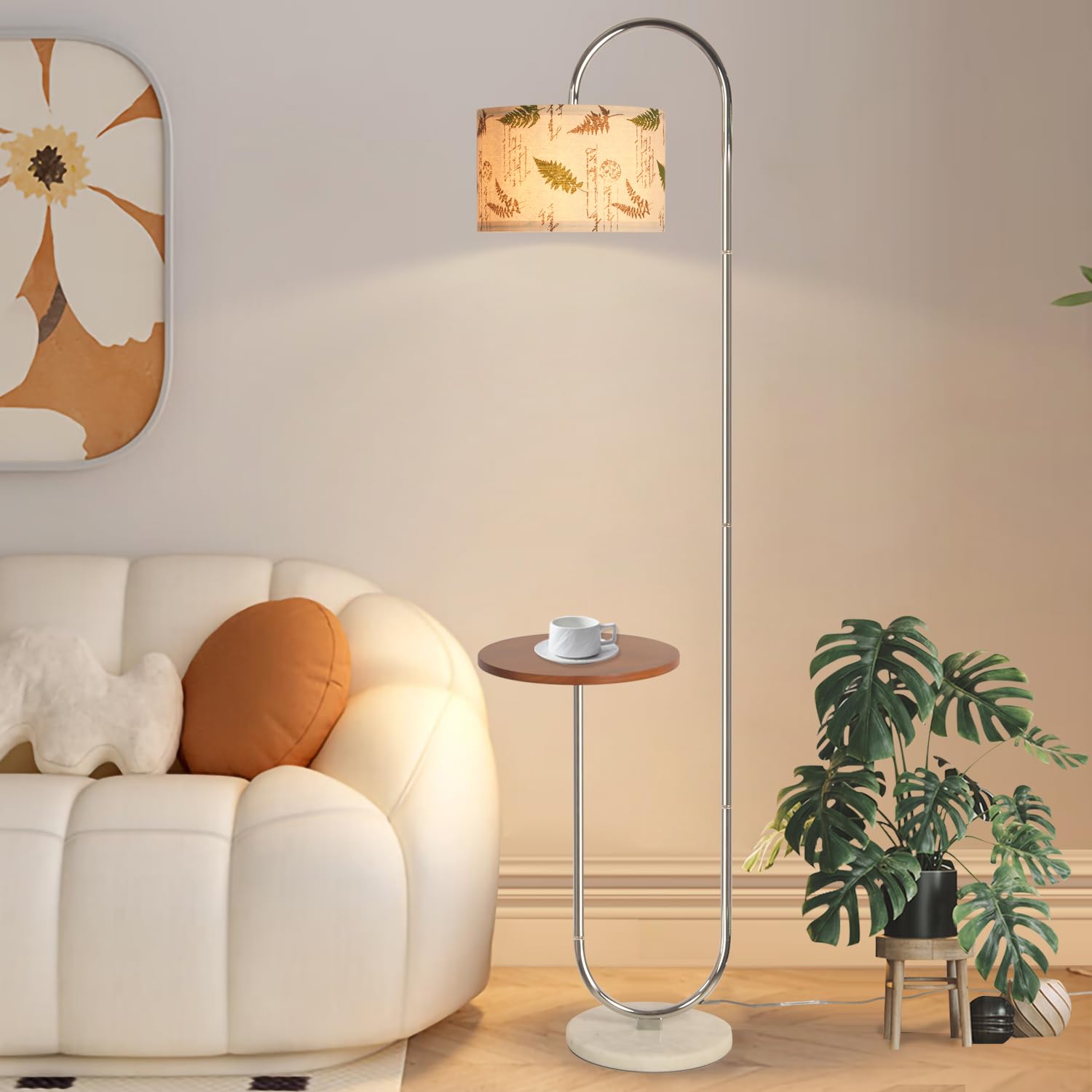 Hsyile Arc Floor Lamp with Marble Base, Chrome Finish, Hanging Drum Shade, Model KU296297