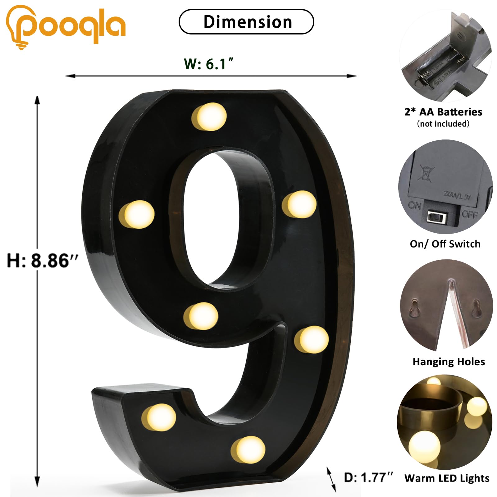 Pooqla Light Up Numbers, Led Black Number Lights For 9Th Birthday Party Decor, Battery Powered Lighted Marquee Number Sign For Party Decor, Lighted Numbers For Wall Home Anniversary, Number 9
