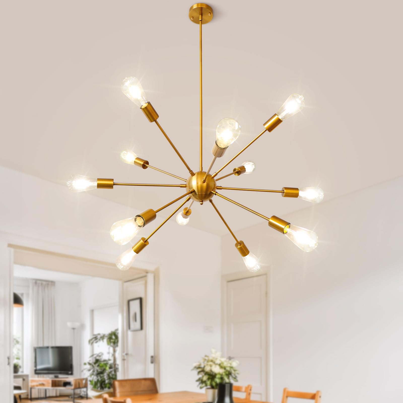 Lynpon Gold Sputnik Chandelier, 12-Light Modern Ceiling Fixture For Dining Room & Living Room