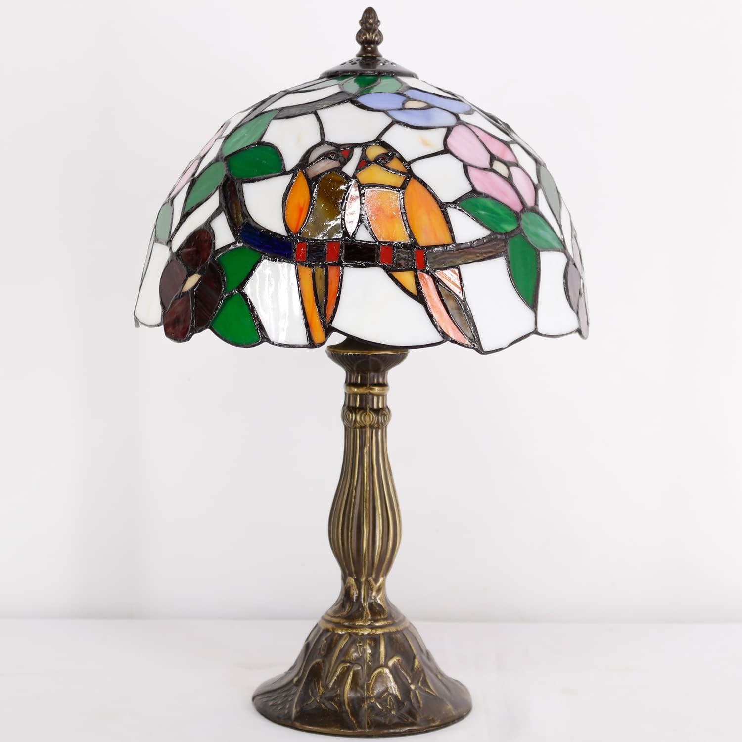WERFACTORY Tiffany Table Lamp, Stained Glass Bedside Light, 12x12x18 Inches, Double Tropical Birds S803 Series