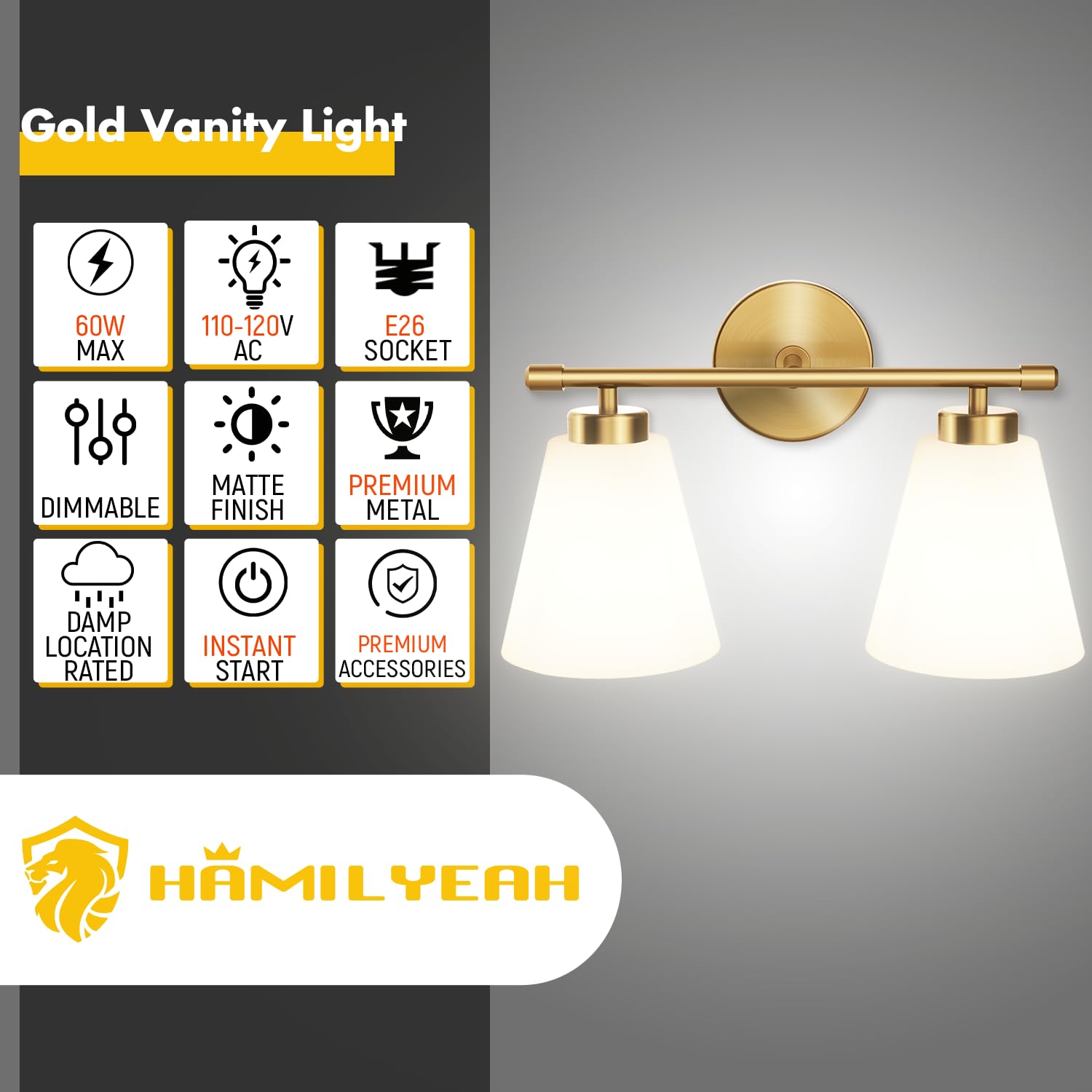 Hamilyeah Gold 2-Light Bathroom Vanity Light Fixture With Frosted Glass Shade, Wall Lamps