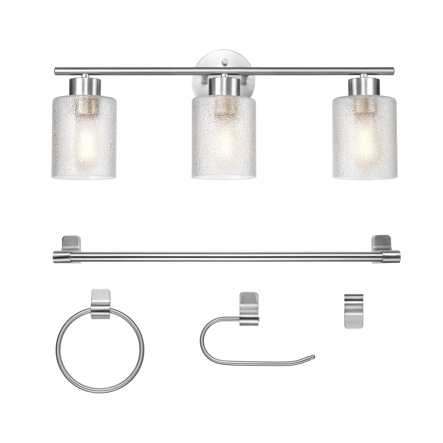 Globe Electric 63000209 5-Piece All-In-One Bathroom Accessory Set With 23'' 3-Light Vanity Light, Brushed Nickel, Clear Frosted