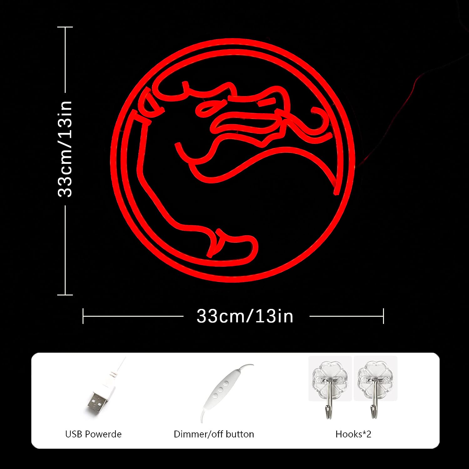 LMSIGNLY Dragon Neon Sign - Dimmable Gaming Logo Light for Wall Decor, 13in x 13in, Red Plastic