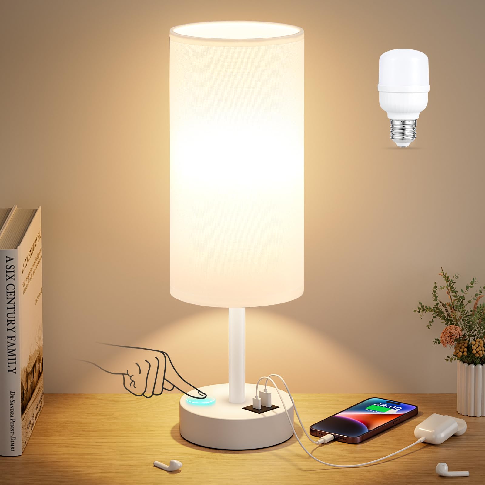 White Touch Bedside Lamp for Bedroom - 3 Way Dimmable Table Lamp with USB, Nightstand Lamp with White Charging Station for Desk 