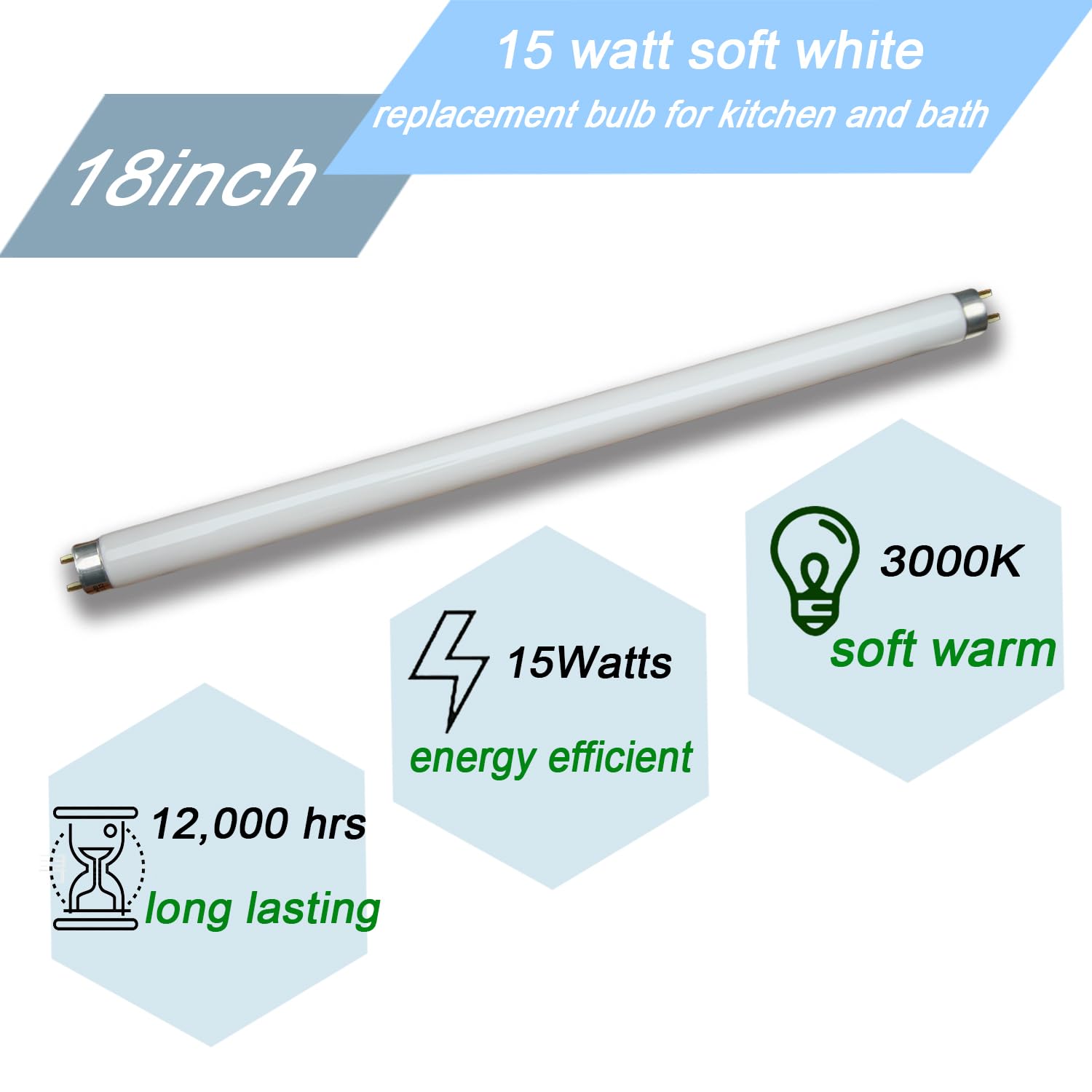 18 inch F15T8/WW Fluorescent Light Bulb 15watt F15T8-KB Warm White Replacement Tube,3000K Soft White T8 Linear Lamp for Kitchen