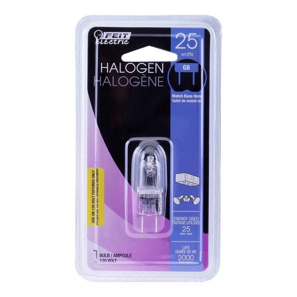 Feit Electric G8 Halogen Light Bulb, 25W Dimmable, 6-Pack, 3000k Warm White, Model BPQ25/G8/CAN/6, Glass