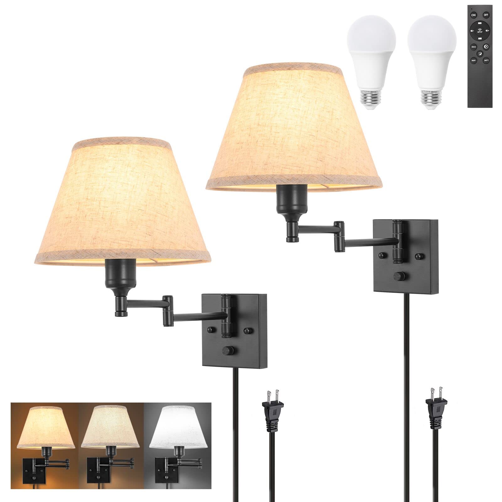TRLIFE Wall Sconce with Remote, Dimming 10%-100%, 2700K-6500K, Medium Beige Fabric Shade, 2 Pack, Model BYsconce-M-ReBei