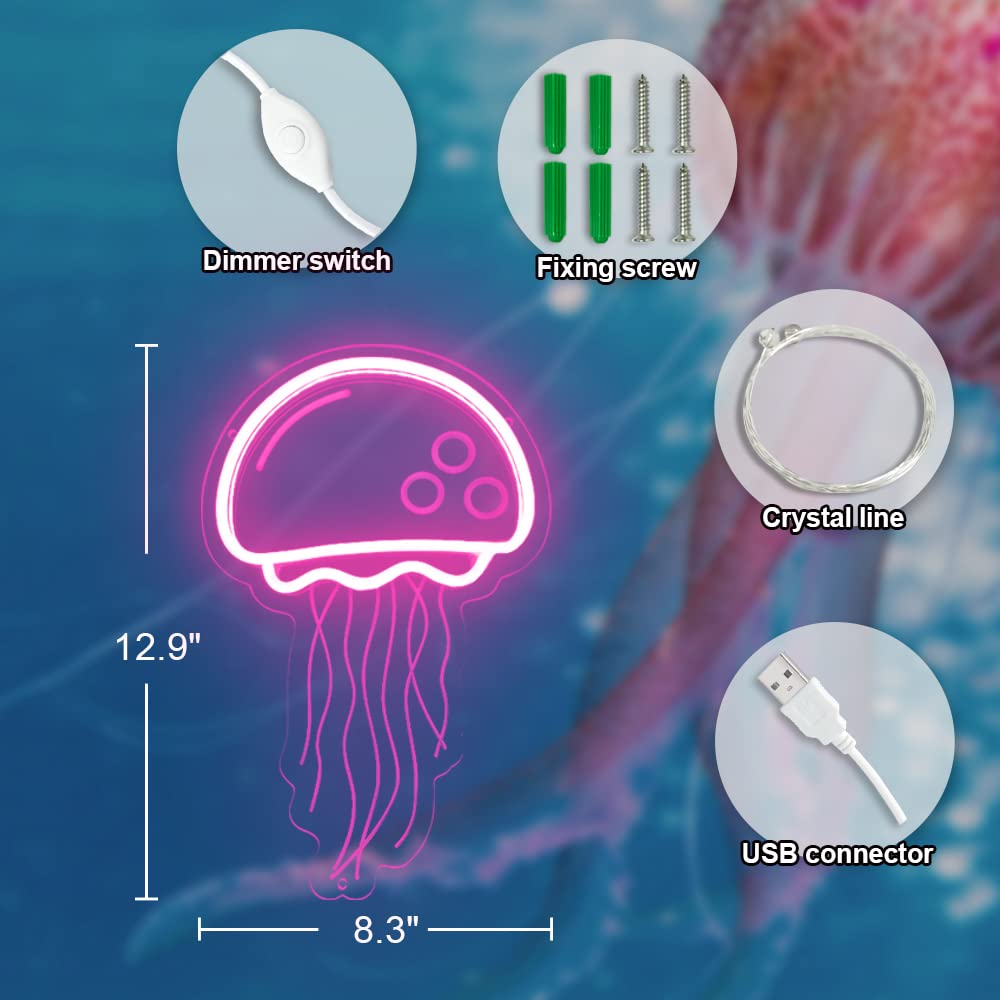 COLORNEON Jellyfish Neon Sign, Dimmable Pink LED, 12.9x8.3 inch, Handmade Acrylic Wall Decor, Model Jellyfish-PK