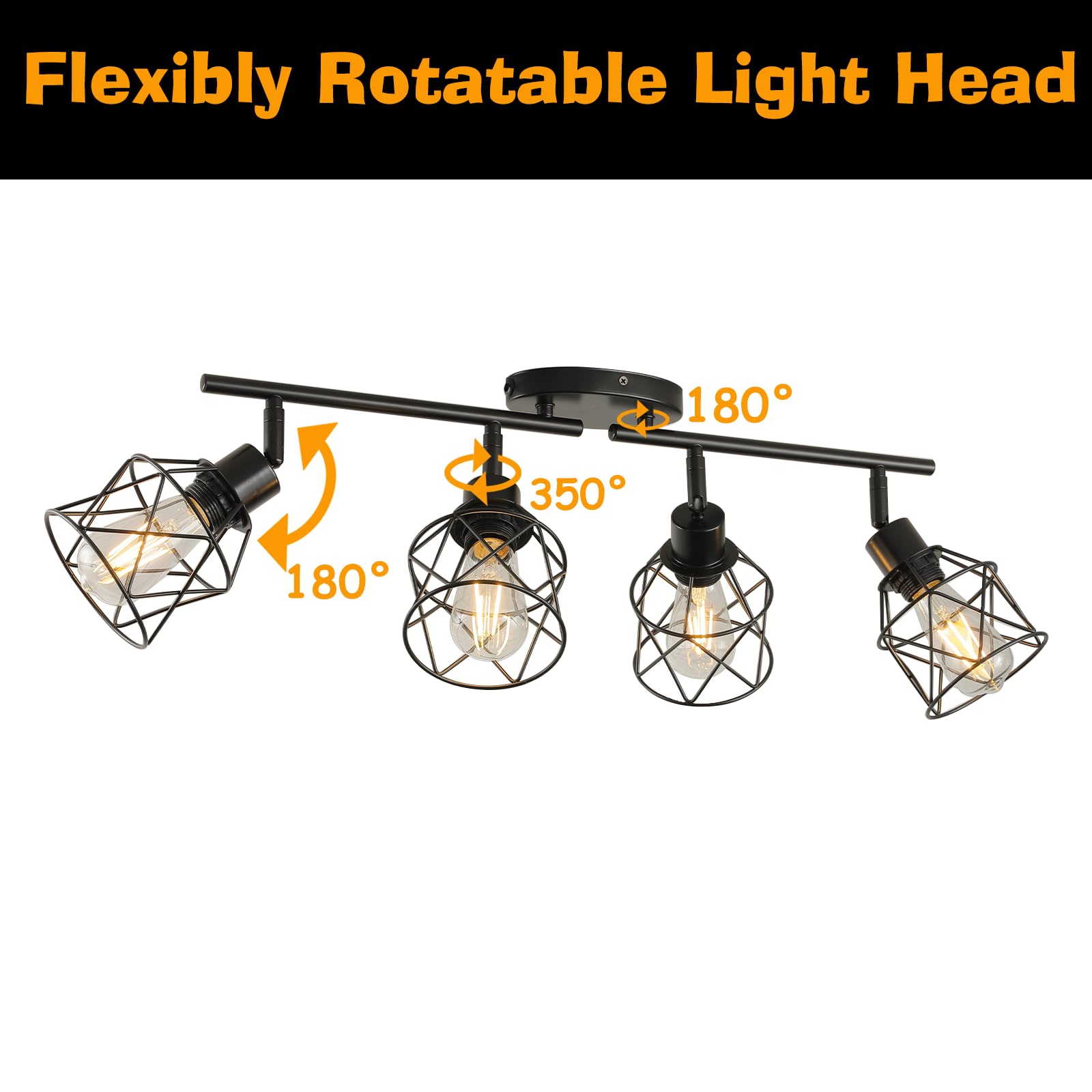 Vivihobb Dimmable 4 Light Plug In Ceiling Light Black Plug In Track Lighting Kit With 16.5 Cord Flexibly Rotatable Light Head Modern Industrial Farmhouse Style(Bulbs Not Included)