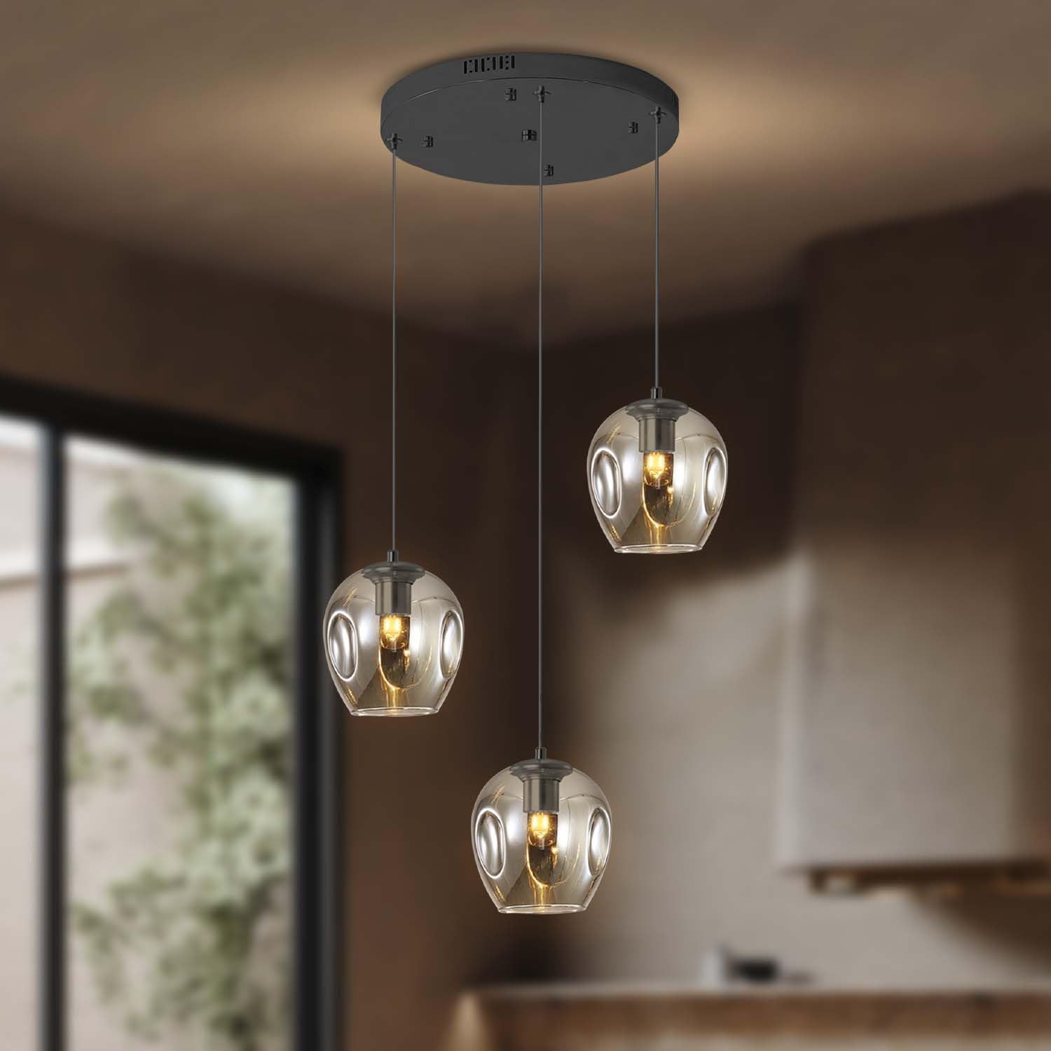3-Light Black Chandelier With Led Bulbs & Smoke Gray Glass Shade Ceiling Light Pendant Light For Kitchen Island, Dining Room, Li