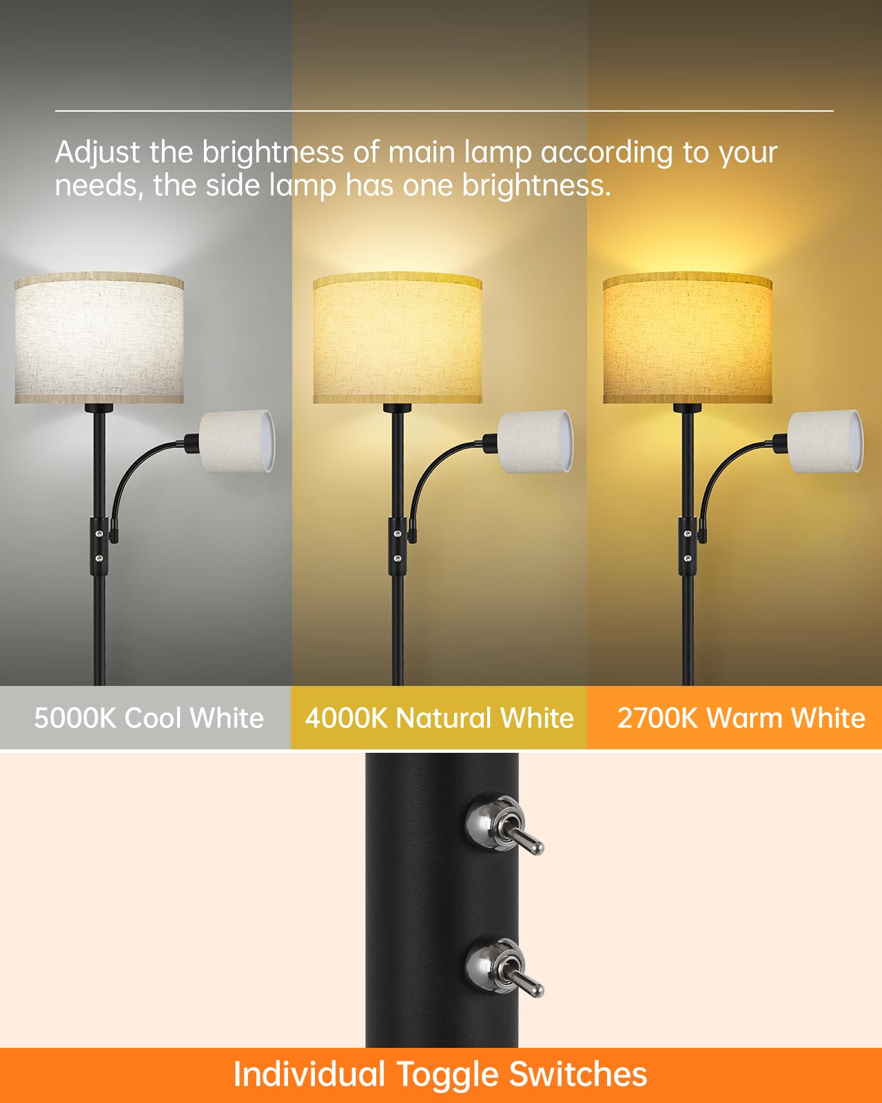 Floor Lamps For Living Room, Modern Floor Lamp With Reading Lamp, 62'' Tall Standing Lamp, Beige Lampshades, Simple Pole Lamps F