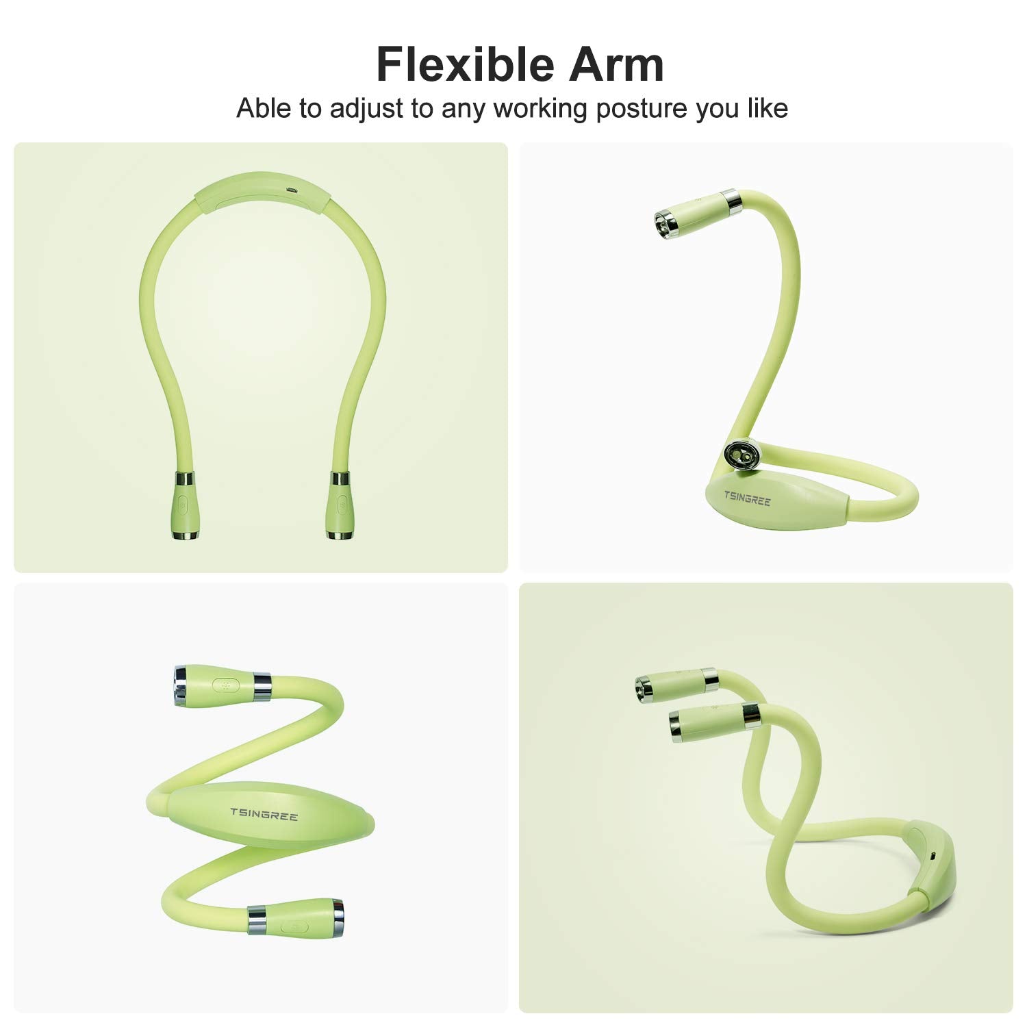 TSINGREE LED Neck Book Light, USB Rechargeable, 4 Bright LEDs, 3 Brightness Levels, Green, Model QRNBL