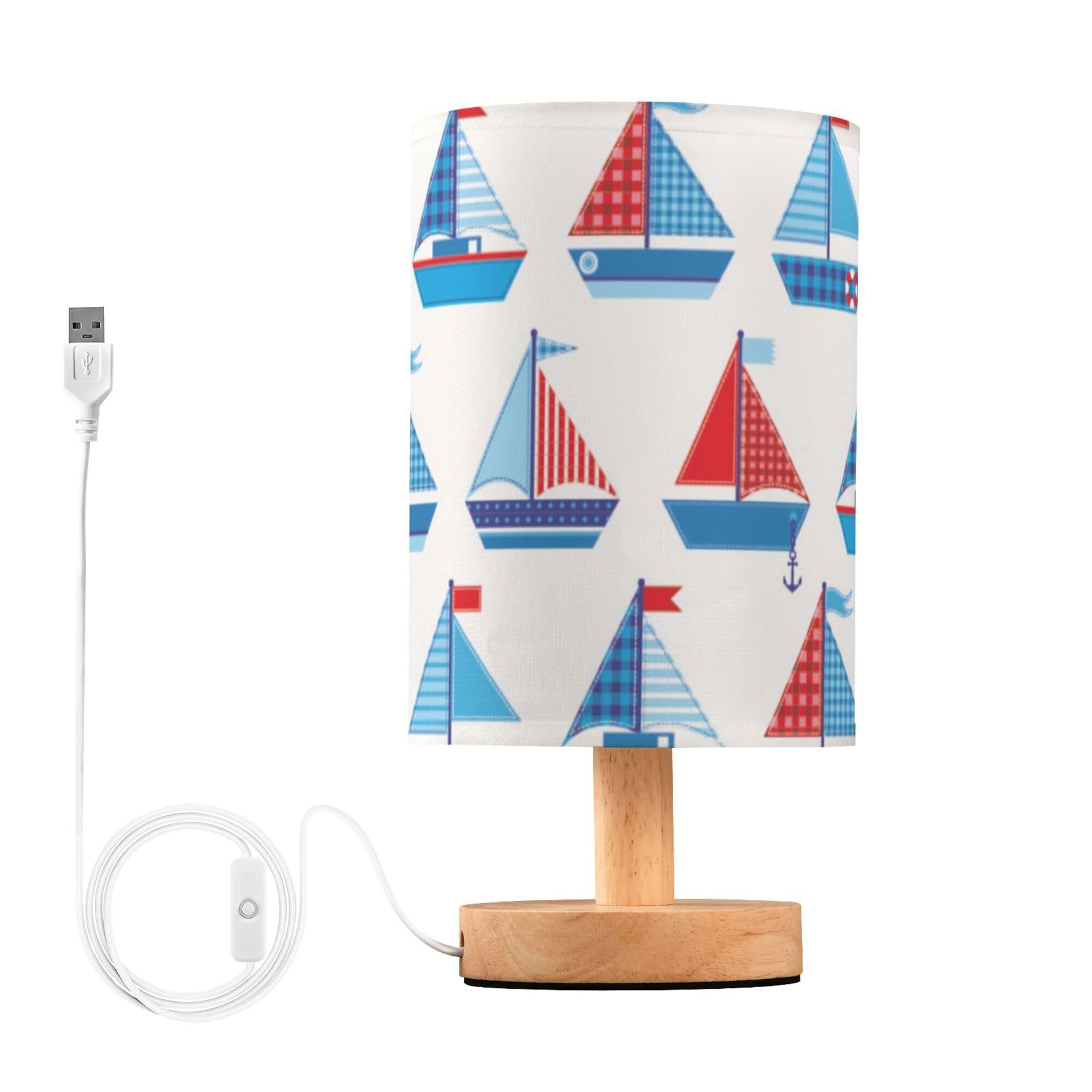 YYZZH Table Lamp Sailboats with Anchor Pattern Nightstand Lamp with Wood Base Fabric Lamp Shade Bedside Desk Lamp for Living Roo