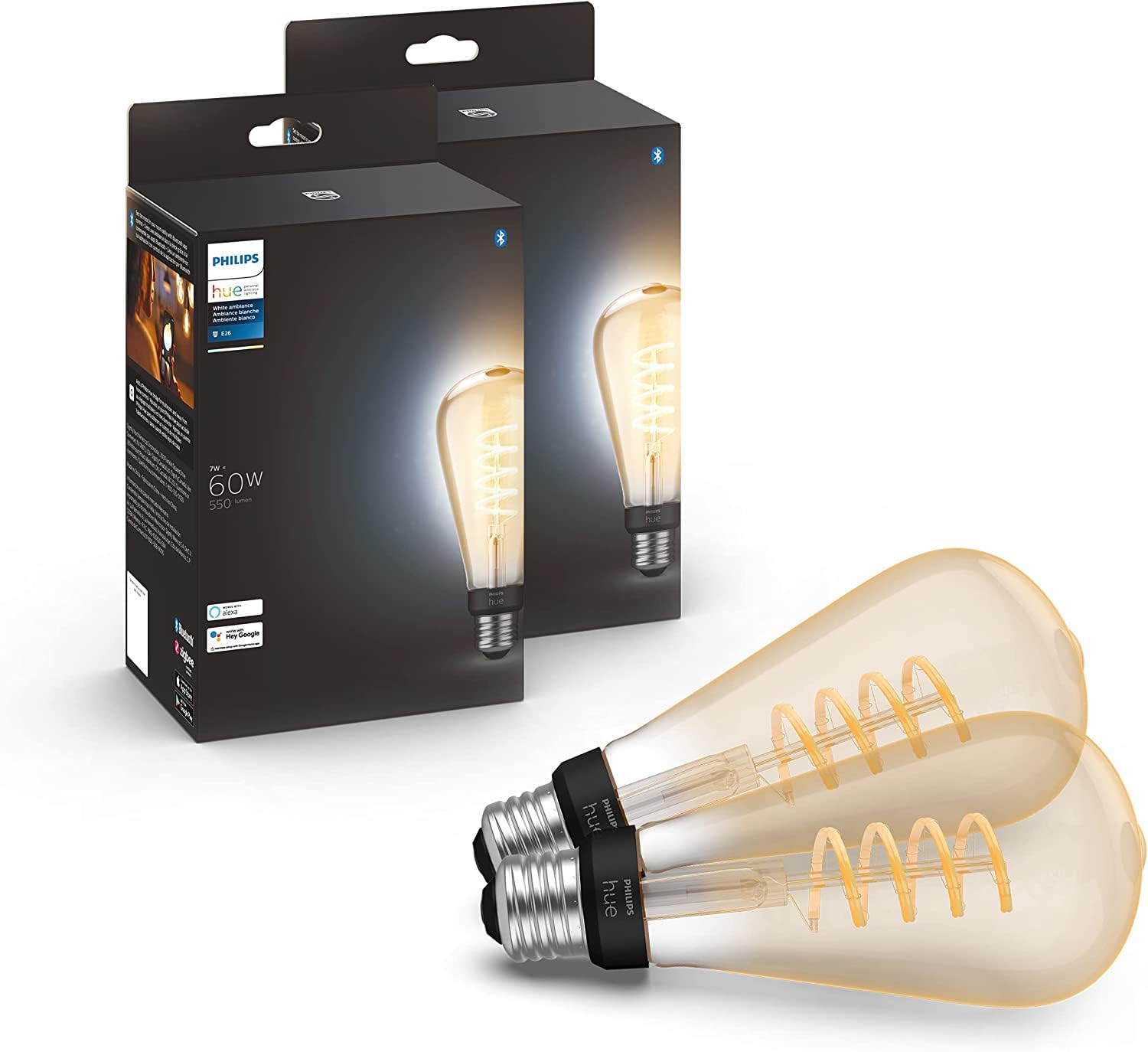 Philips Hue Smart 60W St23 Filament Led Bulb - White Ambiance Warm-To-Cool White Light - 2 Pack - 550Lm - E26 - Indoor - Control
