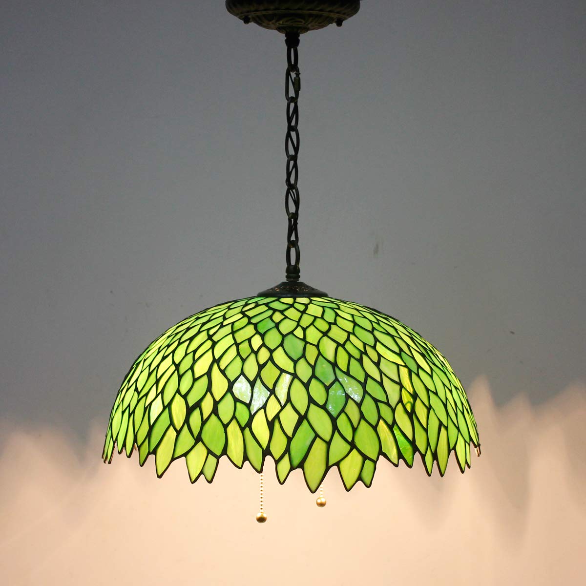 Werfactory Tiffany Pendant Light Fixture, 16 Wide, 40 Height, Green Wisteria Stained Glass, Large Hanging Lamp, S523 Series