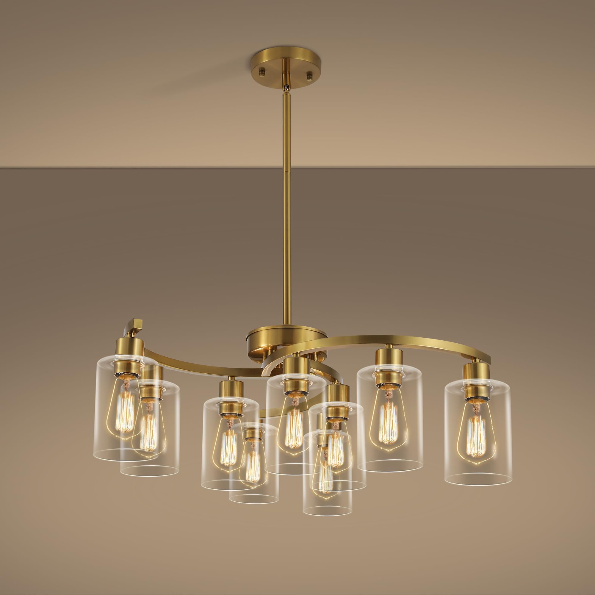 CNRATYE 9-Light Gold Glass Chandelier, Adjustable Height Dining Room Light Fixtures Over Table, Contemporary Hanging Chandelier 