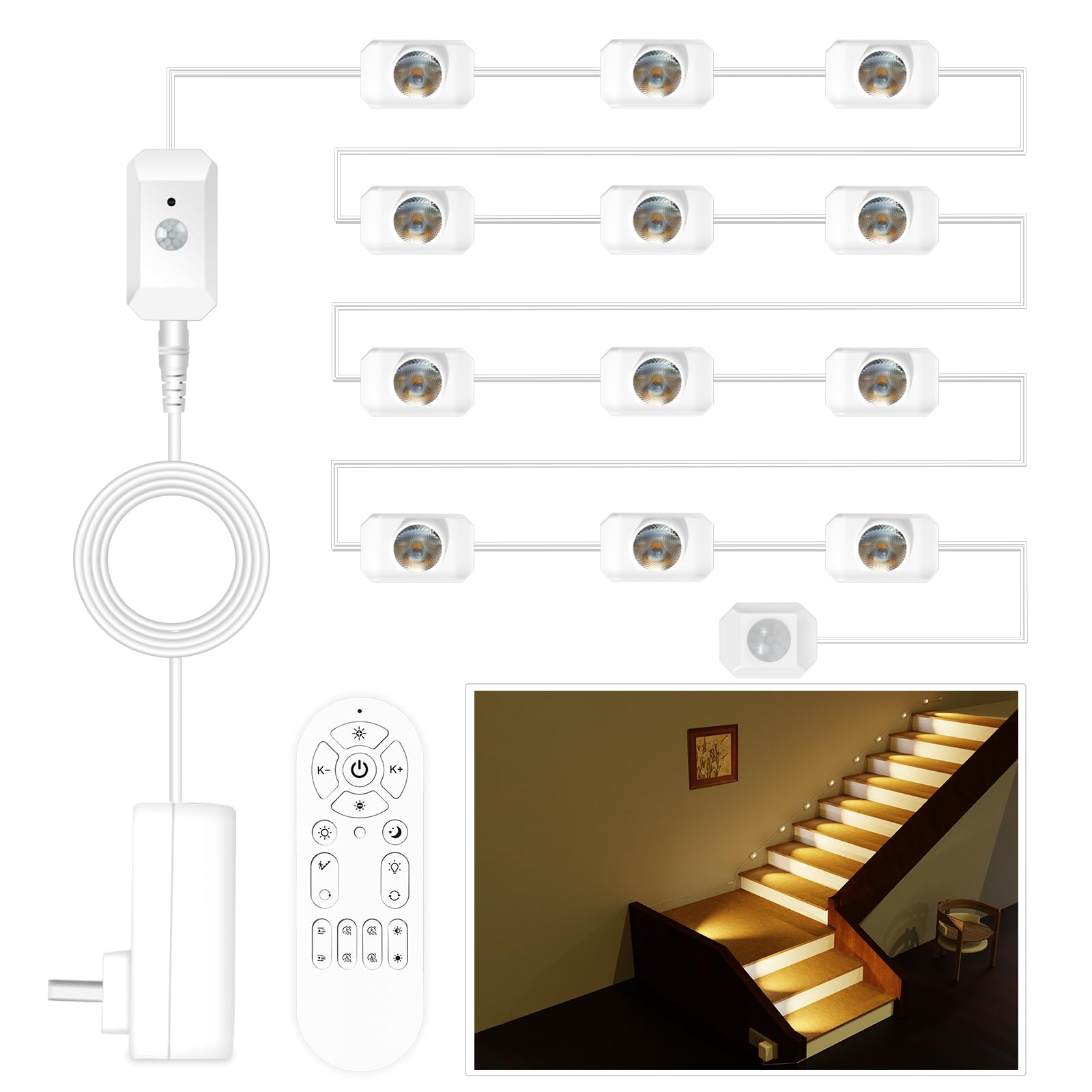 Ameistor Upgraded Smart Stair Lights Motion Sensor Indoor  Plug-In Stairway Lights Indoor Hallway Baseboard Lighting With Cascading Effect  Dimmable  3000K-6000K (16 Stairs)