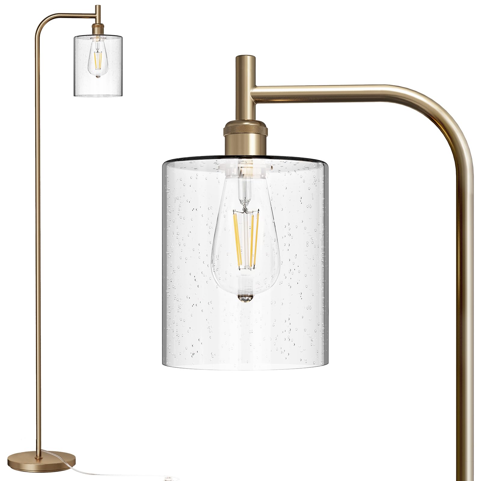 addlon Floor Lamp with Seeded Glass Shade, Brass Gold, Modern Design, LED Bulbs, Industrial Style for Living Room and Office