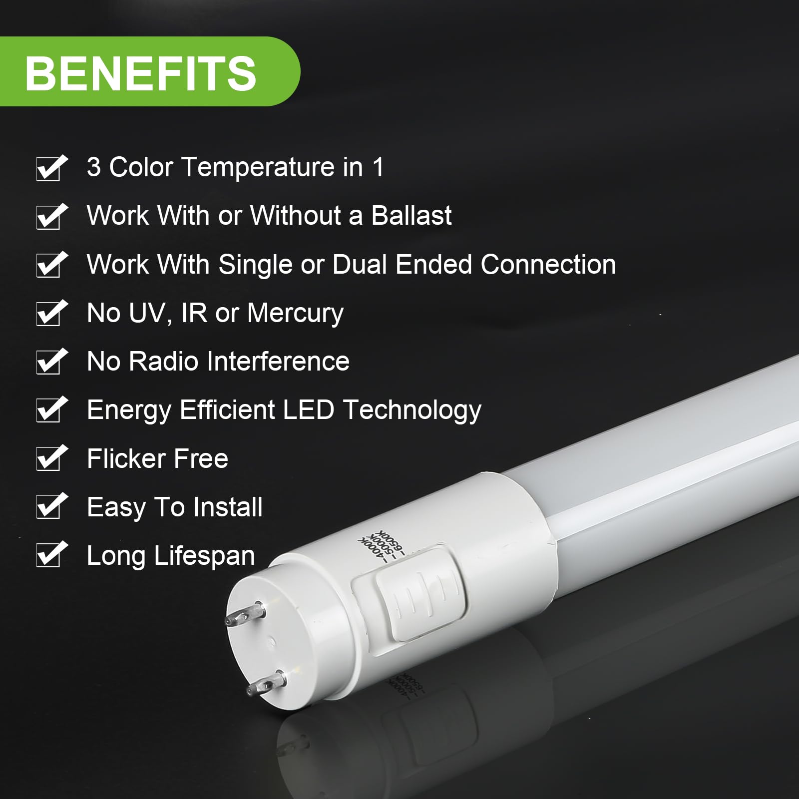 Hykolity 20 Pack 4FT LED T8 Hybrid Light Tube, 18W, 3CCT Selectable, Plug & Play/Ballast Bypass, 2300lm