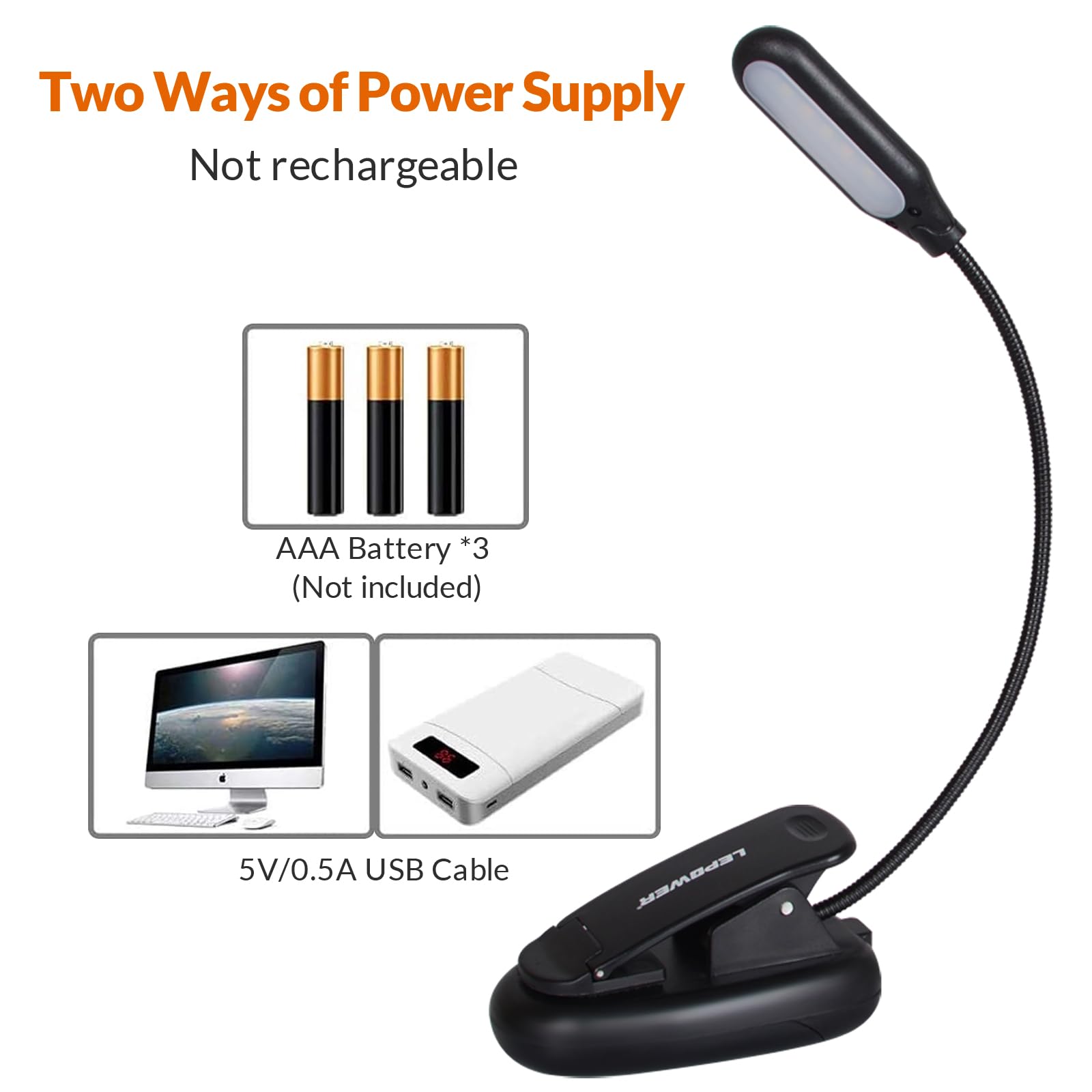 Lepower Clip-On Book Light With 5 Led Eye Care, 3 Color Changeable, Portable Reading Lamp, Battery & Usb Operated, Bed Light For