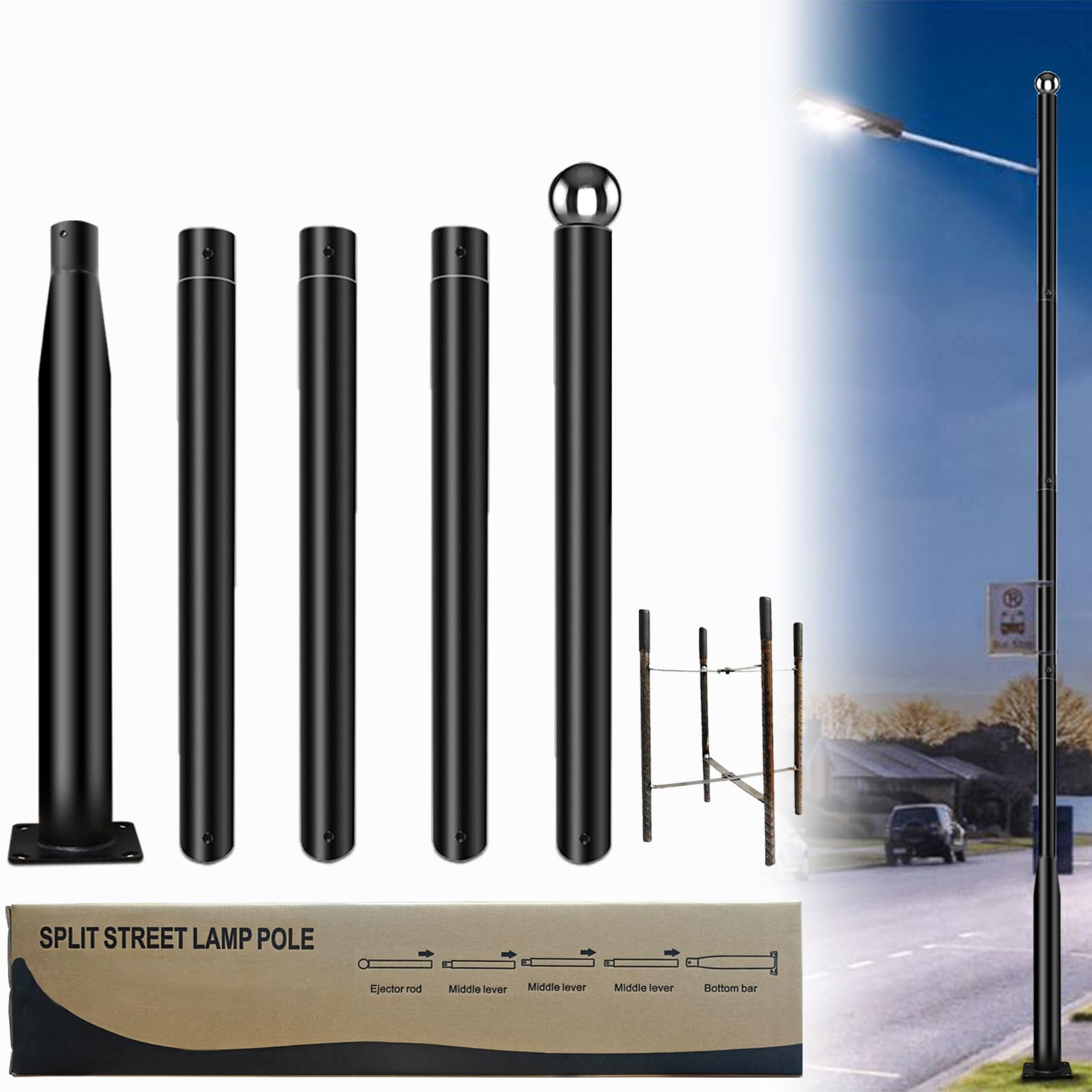 YarPoole Street Light Pole 16 Ft Tall - Outdoor Adjustable Heavy Duty Metal Street Lamp Post for Outside Solar Street Lights wit