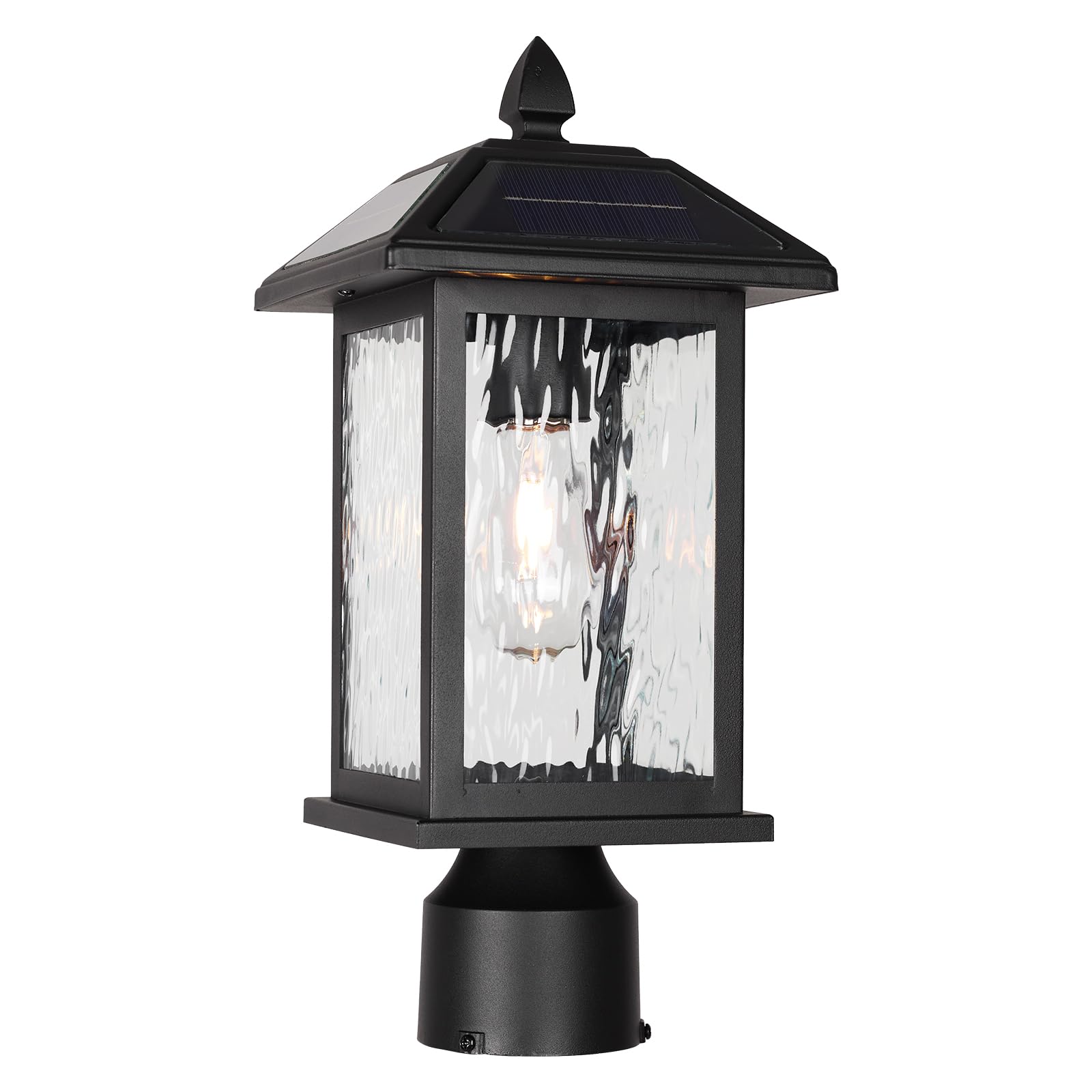 2 Pack Solar Outdoor Post Lights Fixture Dusk to Dawn Modern Exterior Pillar Lantern with Black Finish & Water Ripple Glass Waterproof Outside Pole Lights for Garden  Backyard  Courtyard