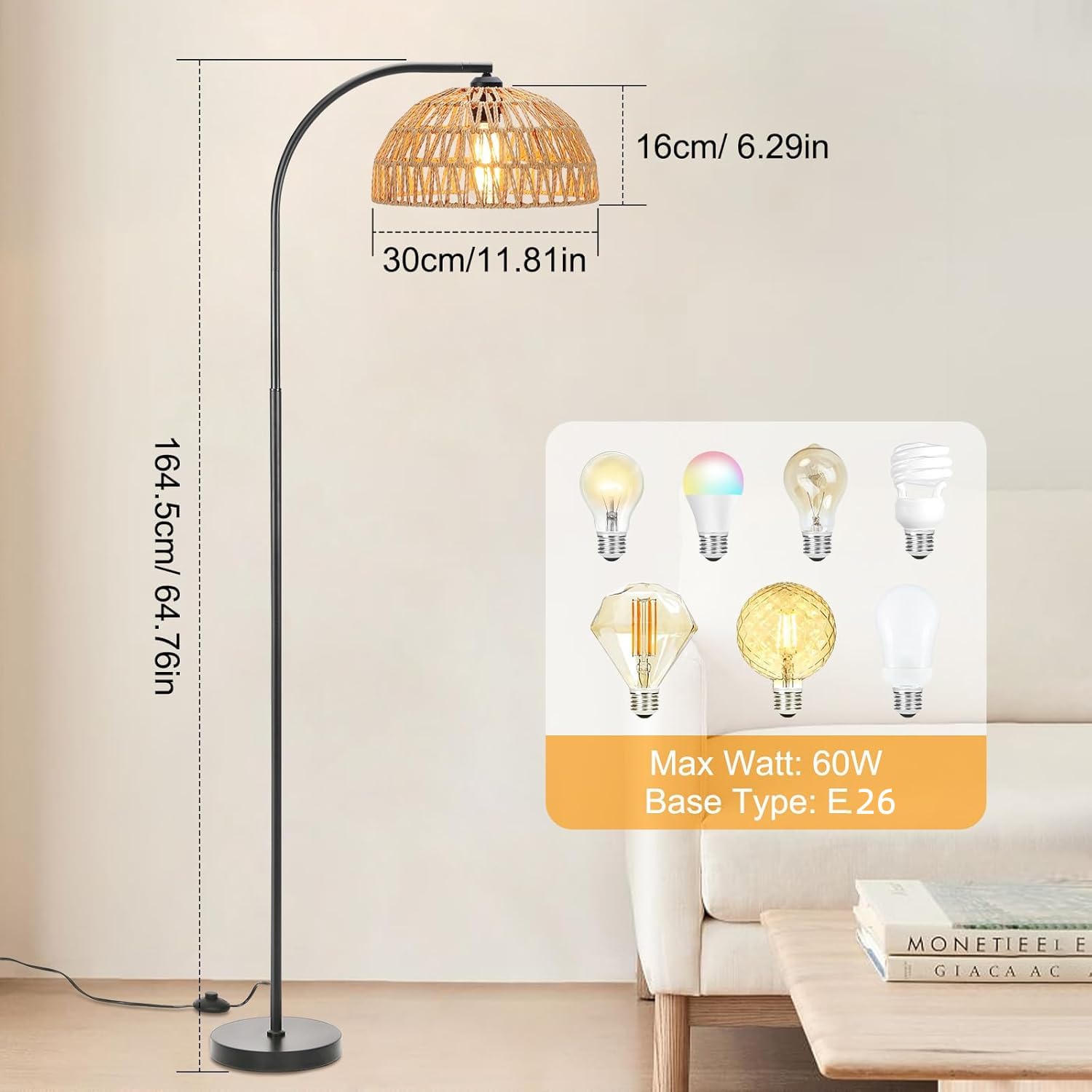 Oyxon Boho Arc Floor Lamp For Living Room With Rattan Lampshade, 65In Farmhouse Vintage Tall Lamp With Foot Switch, Bohemian Sta