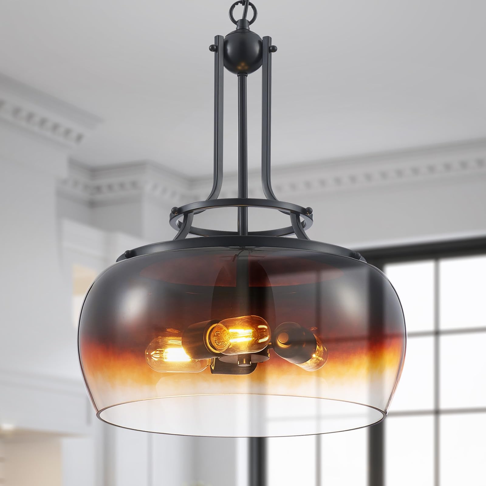WUZUPS Chandelier Pendant Light Fixture, 3-Light, Amber Gradient Black Glass Shade, H 20.9in W 15.9in, Model USHD30308CO