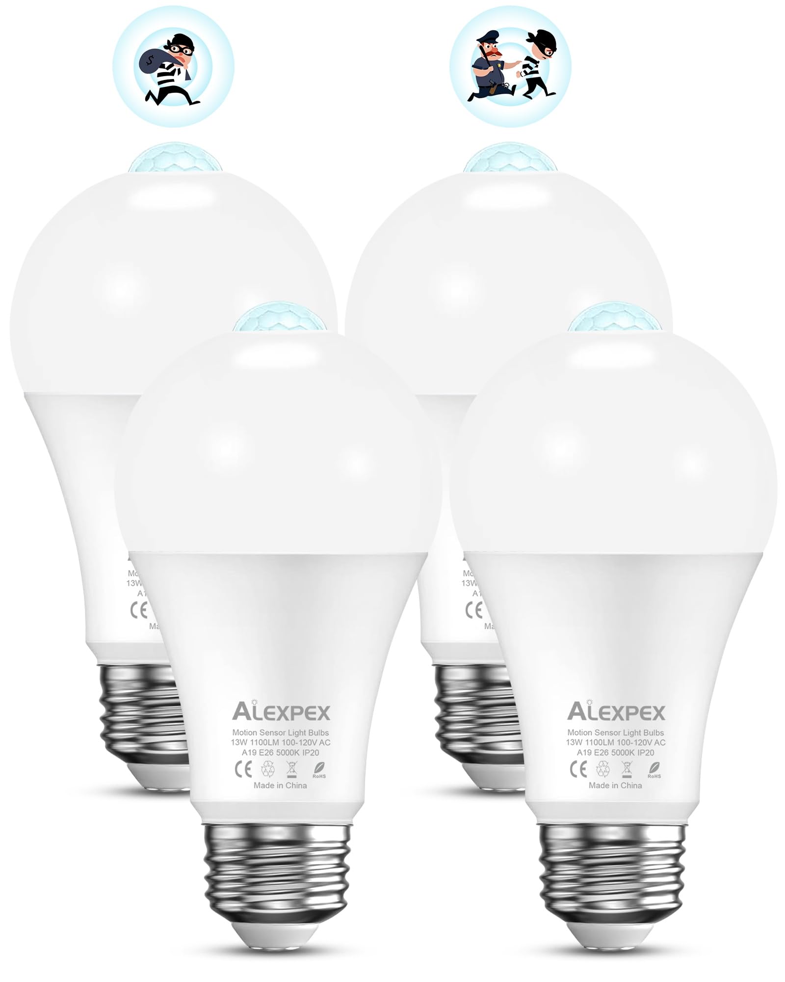 ALEXPEX Motion Sensor Light Bulbs 13W (100W Equivalent) 1100lm, Auto Dusk to Dawn, 4 Pack, 5000K Cool White, Model QP