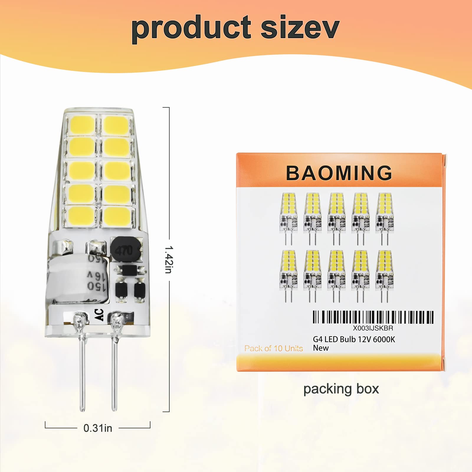 Baoming G4 Led Bulb 12V Jc Tybe, 20W/35W T3 G4 Halogen Equivalent, 6000K Daylight White, G4 Bi-Pin Base, No-Flicker 400Lm, Chand