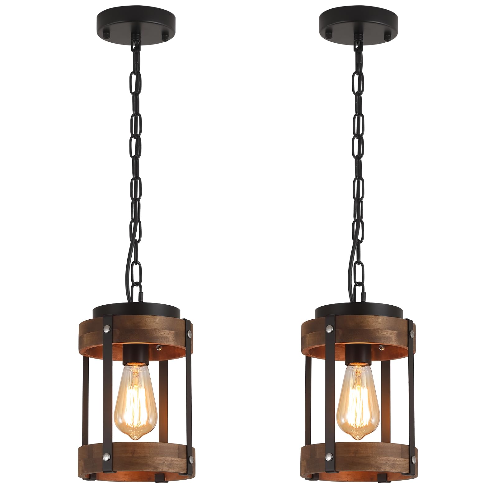 2 Pack Rustic Farmhouse Wood Pendant Light Fixture One-Light Adjustable Chain Oak Wood And Metal Drum Cage Small Pendant Lighting For Kitchen Island Sink Hallway Farmhouse Bathroom Bar  Black