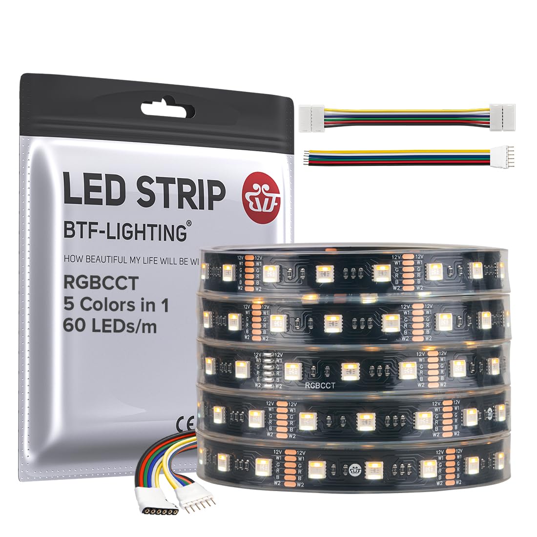 BTF-LIGHTING LED RGBWW Strip Light, 5 Colors in 1, 60 LEDs/m, IP67, 16.4ft, DC12V, Black PCB, Model HD