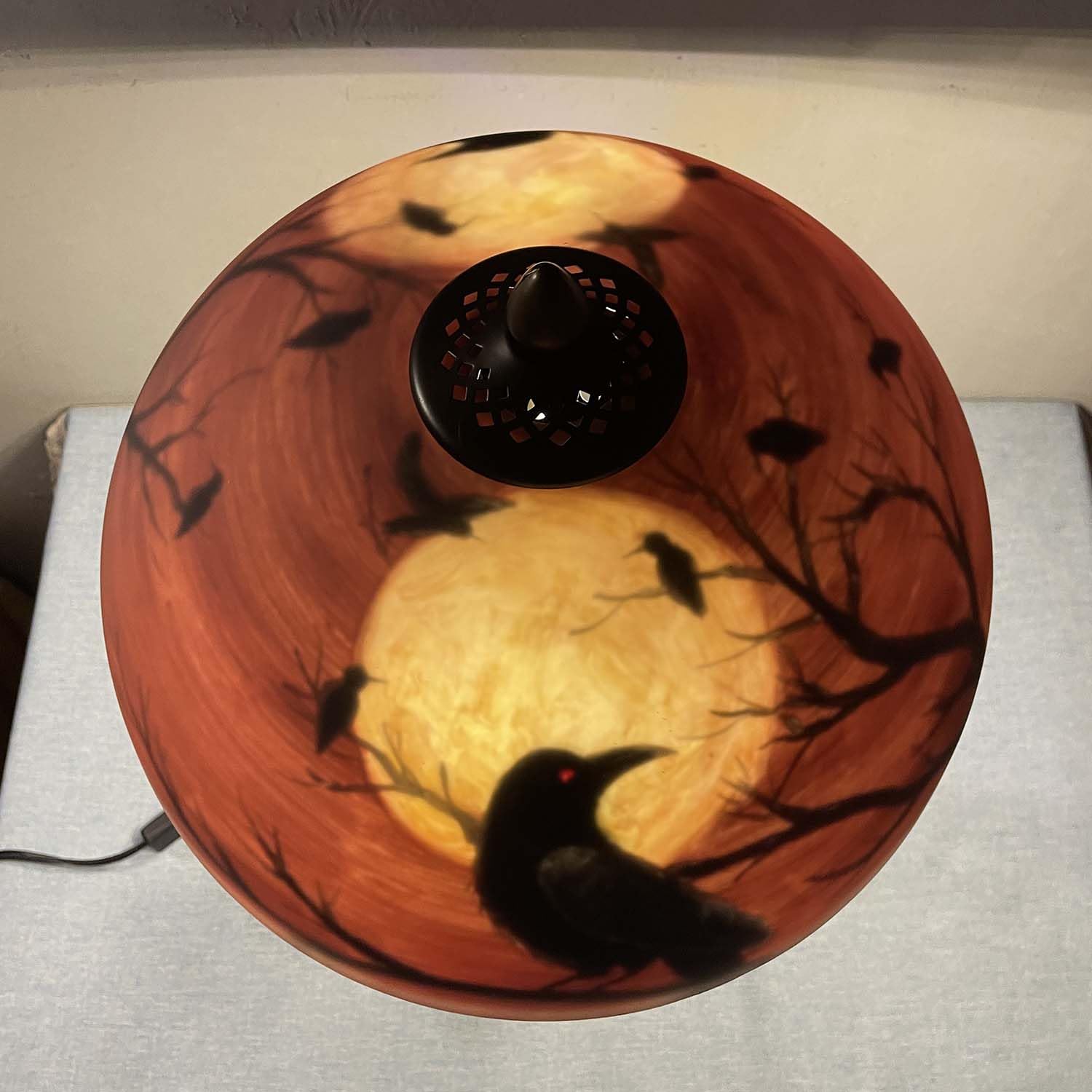 Bieye Hand-Painted Glass Table Lamp with Raven Nest Base, 14" D x 14" W x 22" H, Black Red, Model L10969, Perfect for Halloween Decor