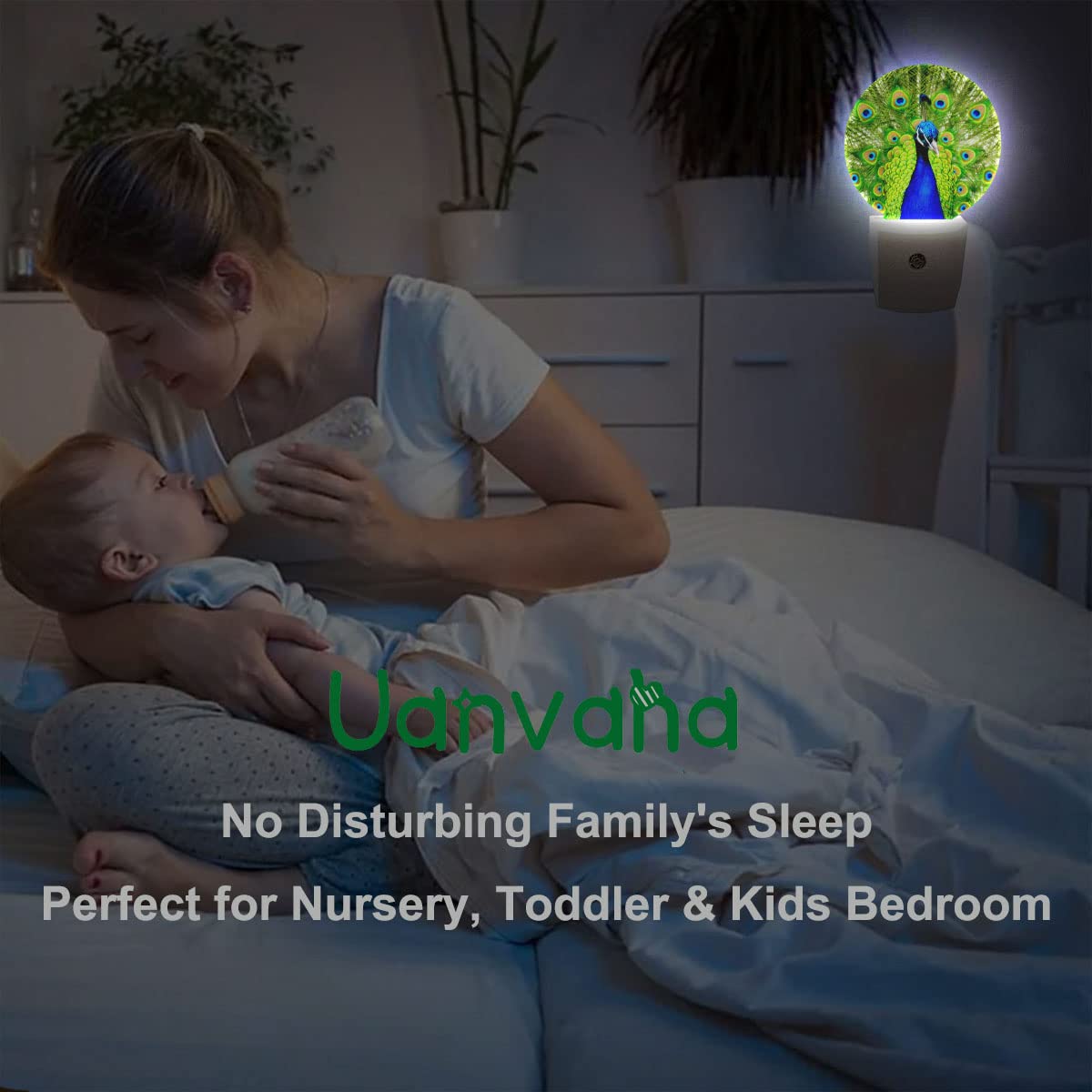 Uanvaha Peacock Open Tail Night Light Peacock Feathers Green Night Lights Plug Into Wall 0.5W Led Lights Auto On/Off For Hallway