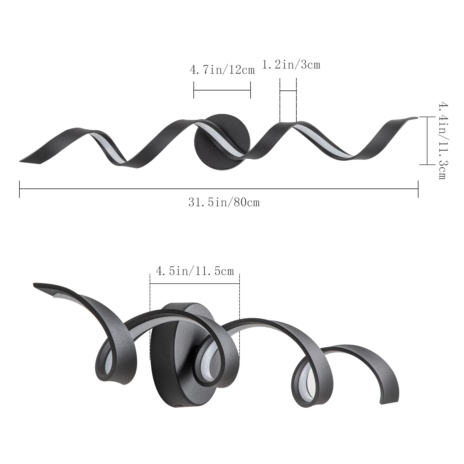 Huoku 32" Dimmable Led Bathroom Vanity Light, 20W Black Spiral Design, 6000K White Light