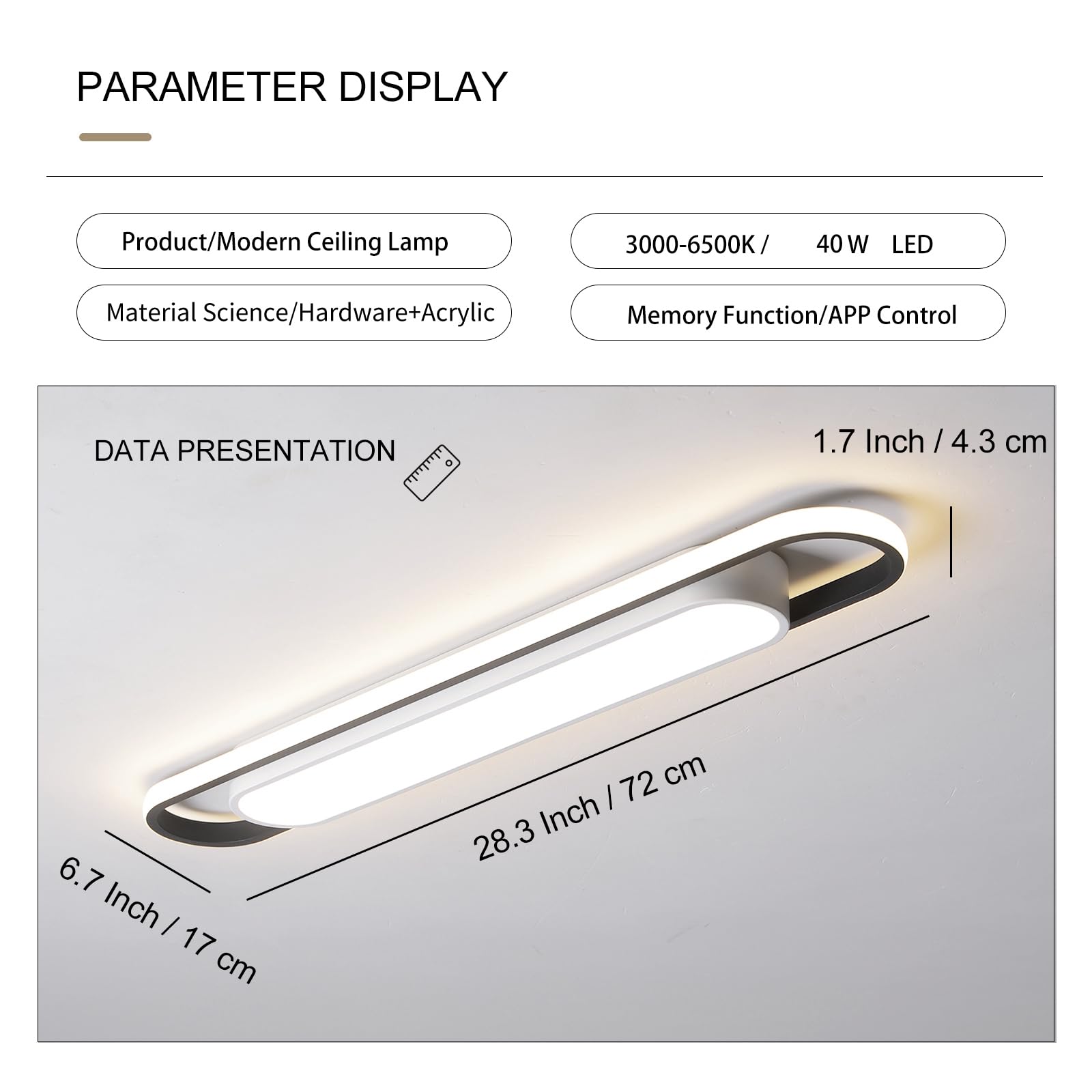 Naroume Modern Led Smart Ceiling Light,28.3'' Flush Mount Ceiling Lamp, 40W Dimmable Linear Metal Chandelier Light Fittings For