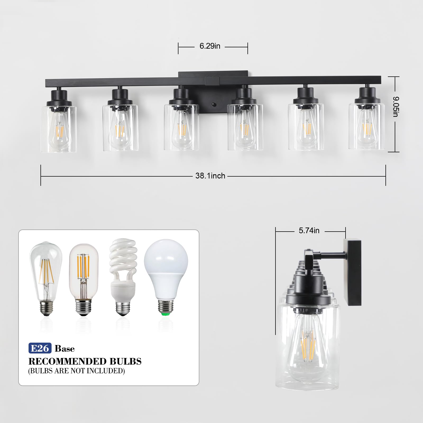 DIKAIDA 6-Light Black Vanity Lights, Modern Metal Bathroom Fixtures, Model BLBD-6, Industrial Design for Above Mirror Use