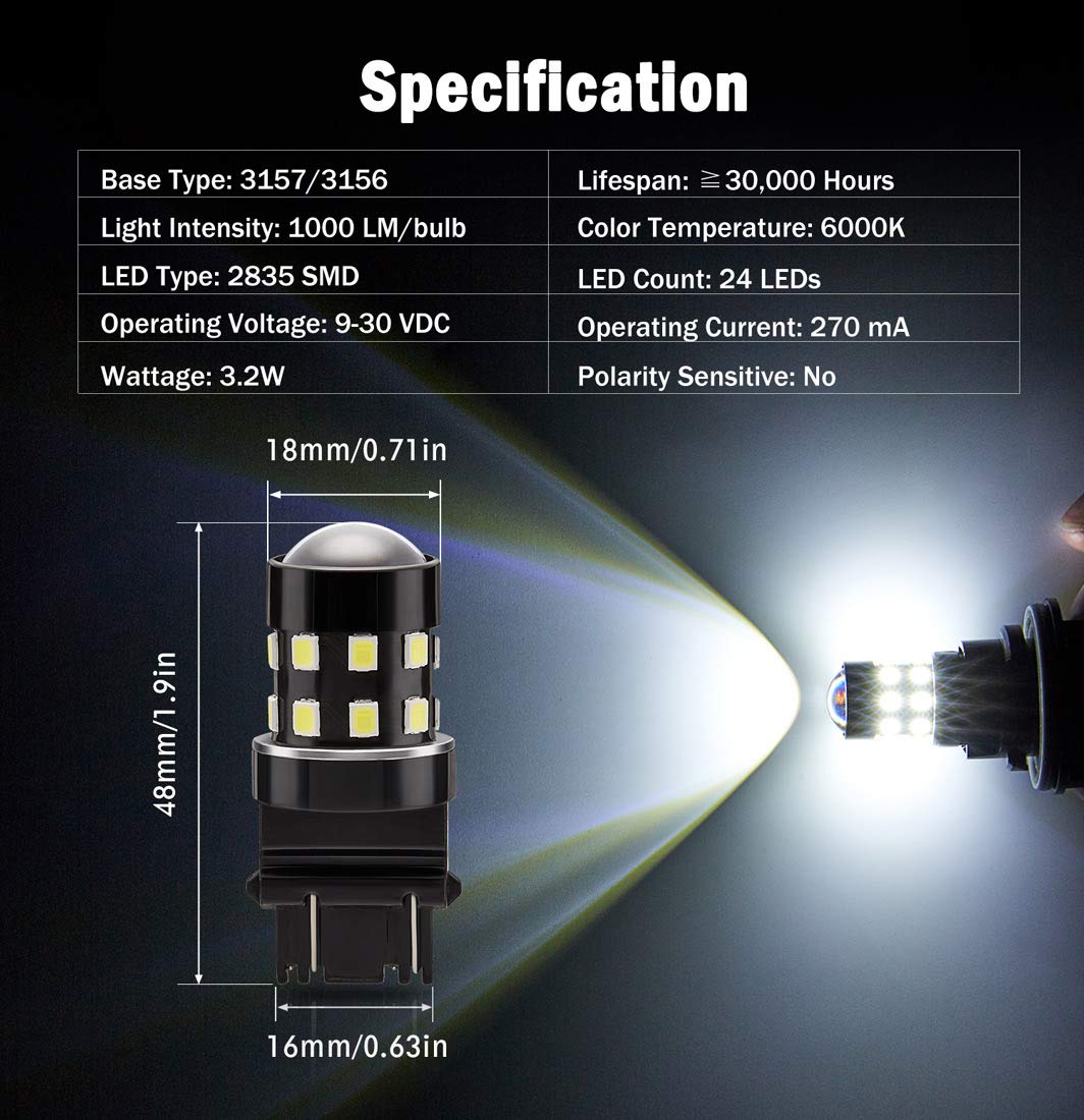 BRISHINE 3157 LED Bulbs 6000K Xenon White 24-SMD Projector Pack of 2