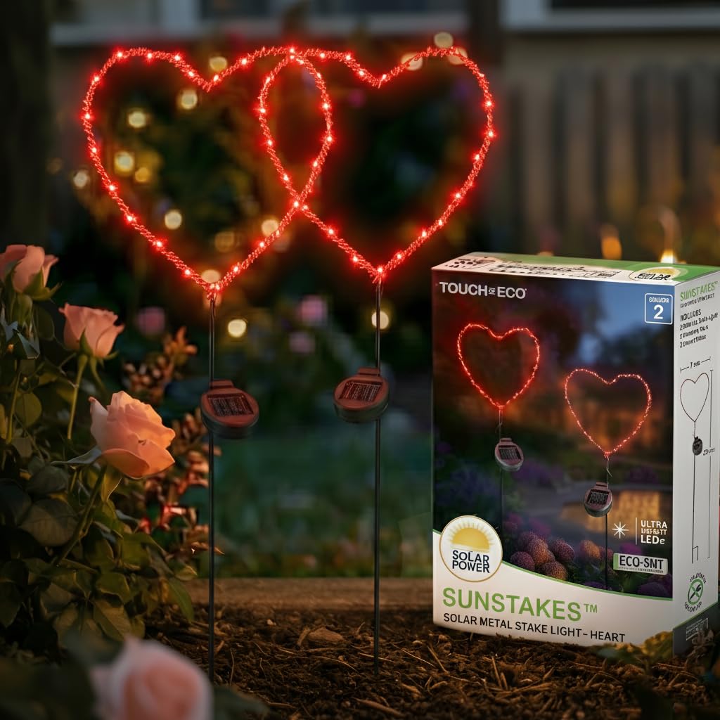 Solar Heart Garden Stake Light with Copper Wire LED - Red Light - Metal Frame Valentines Day Outdoor Decor for Yard Patio Pathw