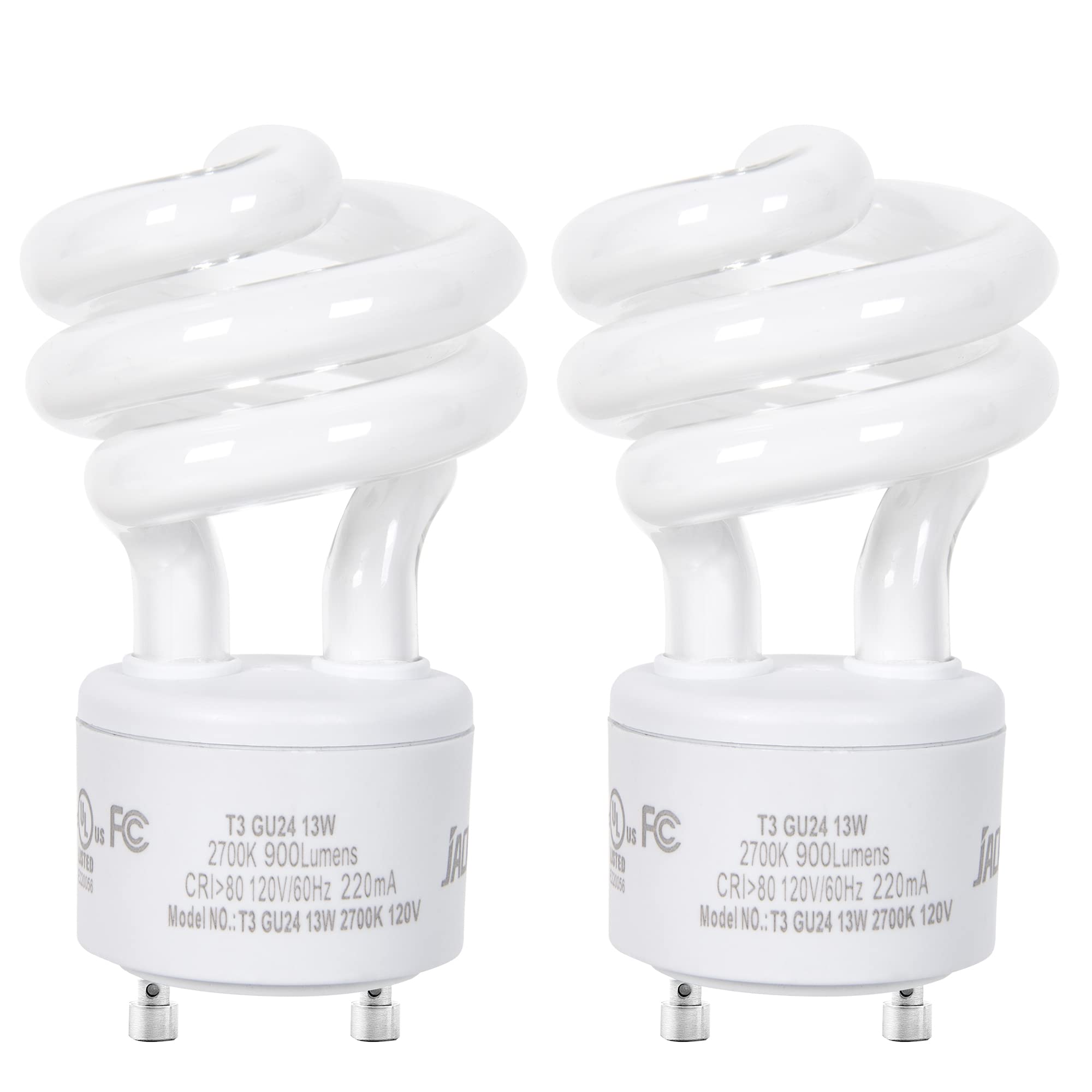 JACKYLED GU24 CFL Light Bulbs, 13W, 2700K Warm White, Energy Efficient, 2-Pack, Glass/PBT