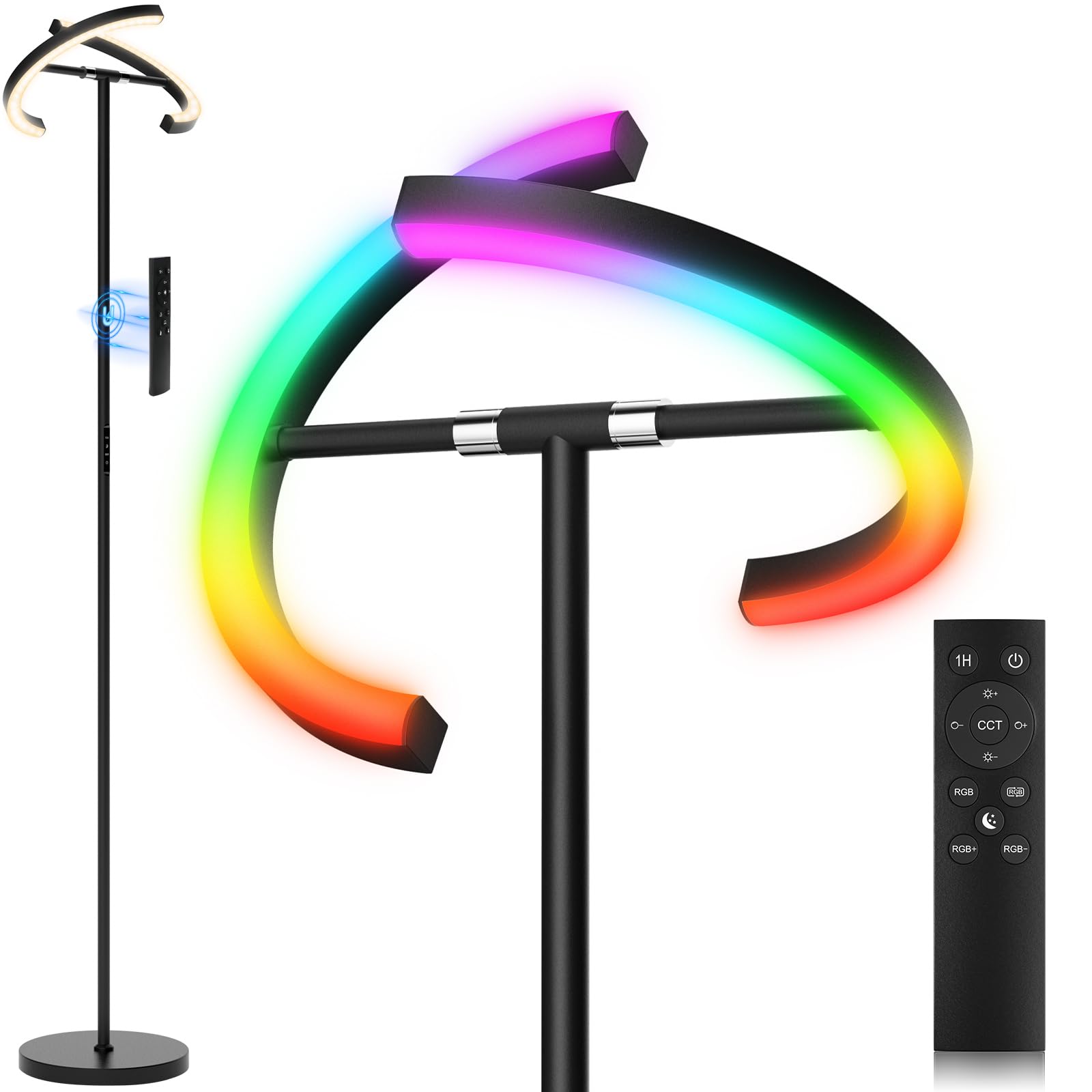 SIBRILLE RGBCW Floor Lamp - Color Changing, Dimmable LED, Remote Control, Rotatable, Black with RGB, Upgraded Size