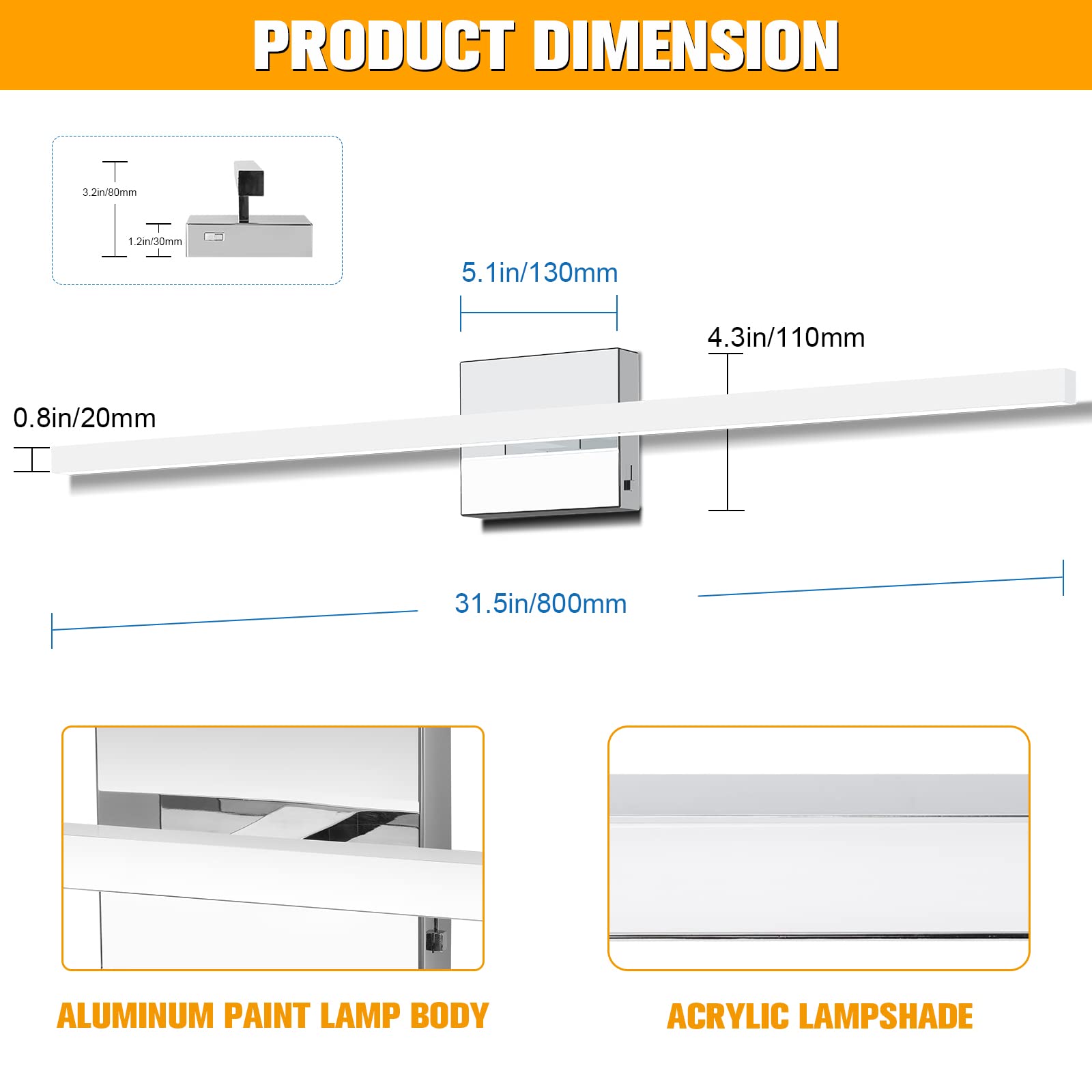 NIORSUN 31.5 inch Chrome Bathroom Vanity Light, 18W Dimmable LED, ETL Certified, Silver, Model 9562