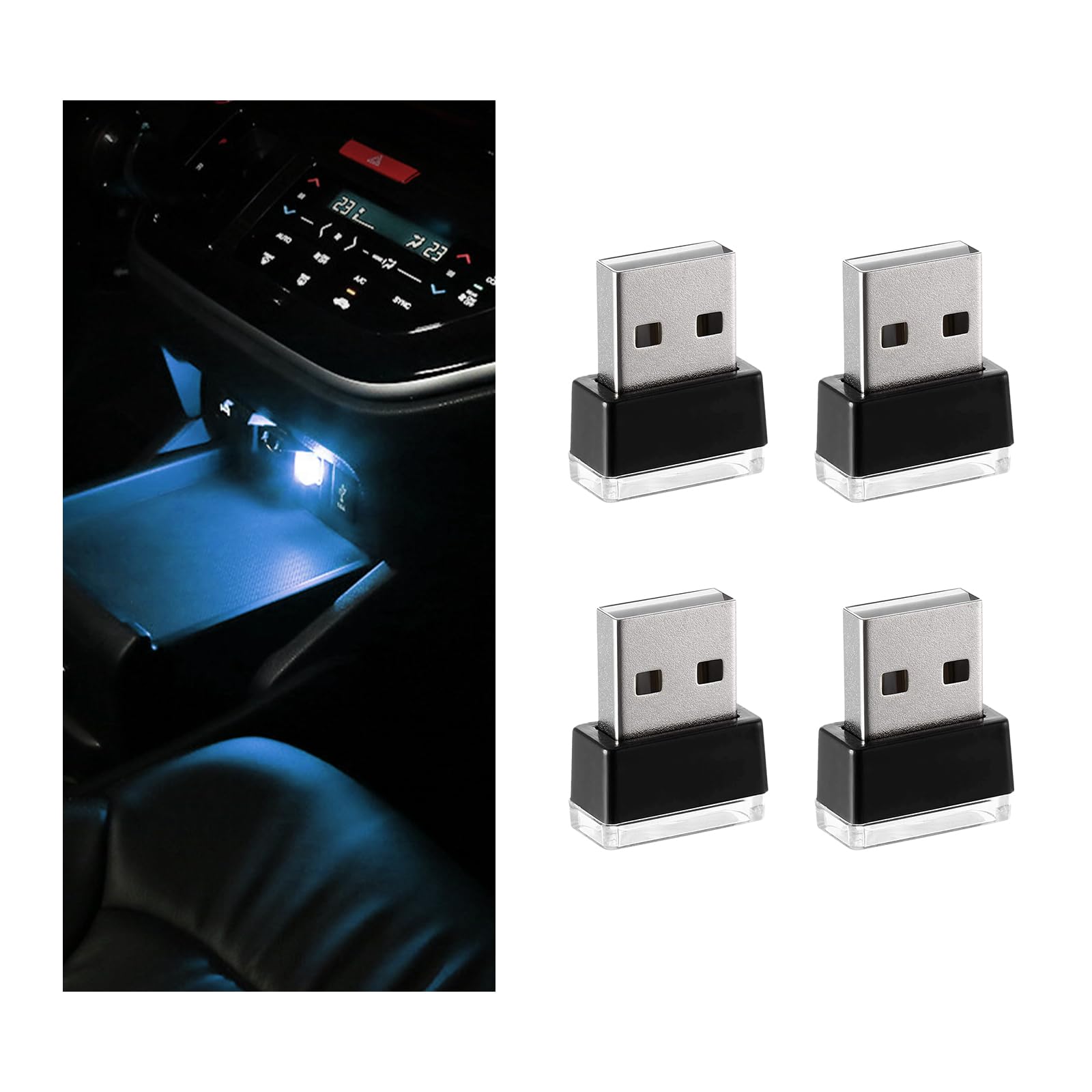 Sylvil 4 Pcs Usb Led Car Interior Atmosphere Lamp  Portable Mini Led Night Light  Plug-In Usb Interface Trunk Ambient Lighting Kit  Universal Interior Car Accessories (Ice Blue)