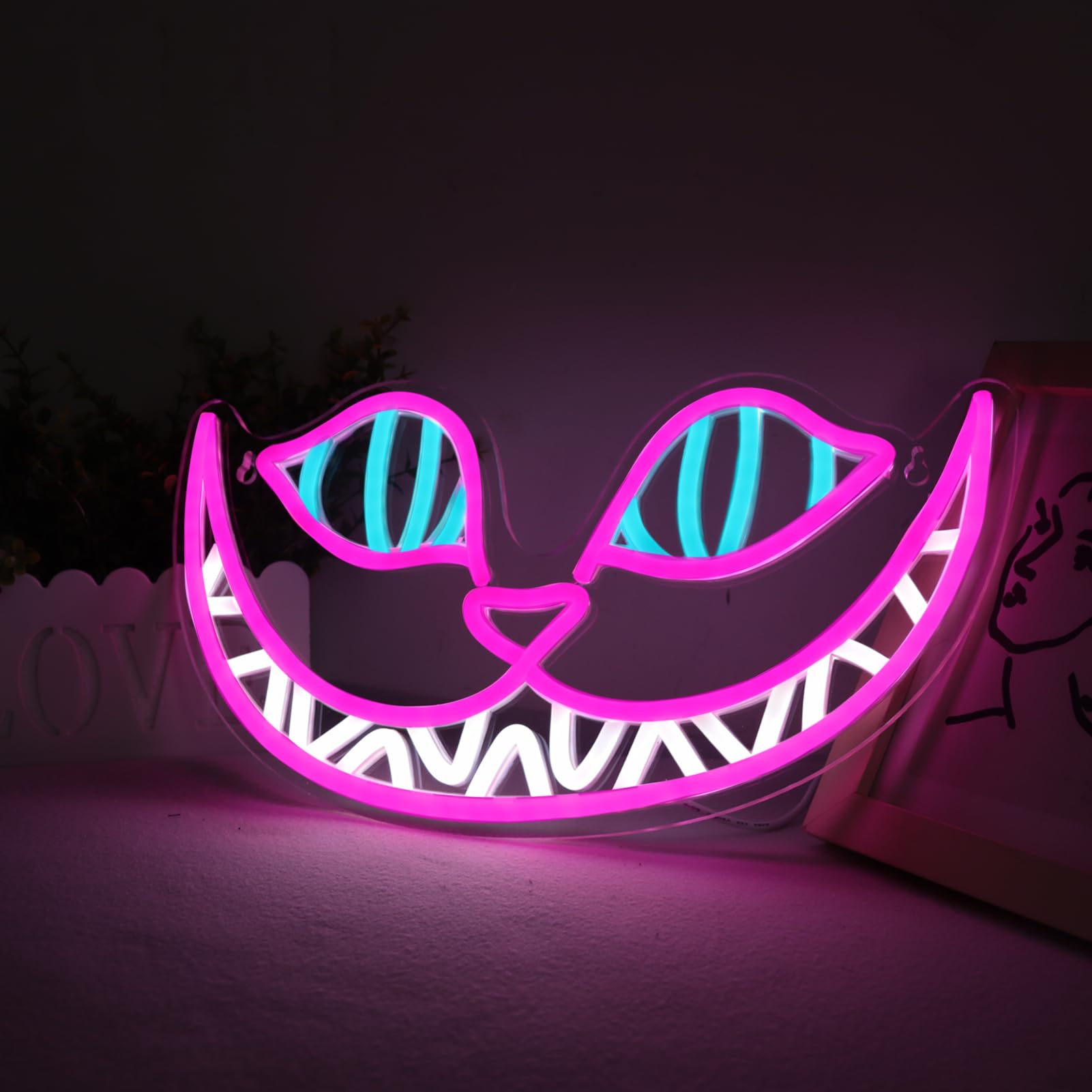 Tiabuy Neon Sign - Cheshire Cat LED Wall Art Decor, 17x9 inch, Pink Acrylic, Model TB-NS-C-05