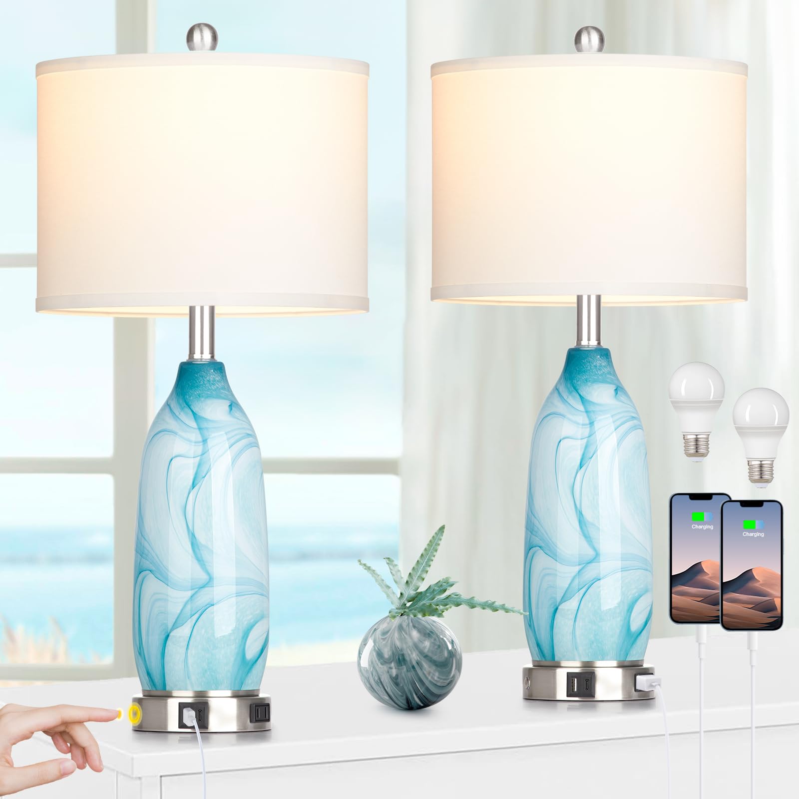 26 Coastal Table Lamps for Living Room  Glass Bedside Lamps with USB A+C Ports & Outlet  Nautical Splited Glass Nightstand Lamp with Night Light for Bedroom End Table Blue Teal Turquoise Beach Ocean