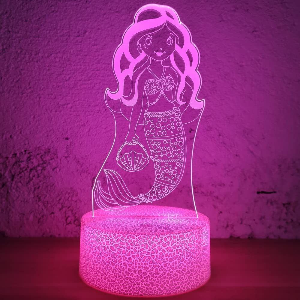 i-CHONY Mermaid Gifts Night Light, 3D Illusion Lamp with Remote & Smart Touch, 16 Colors Dimmable Bedroom Decor, Kids Teens Birt