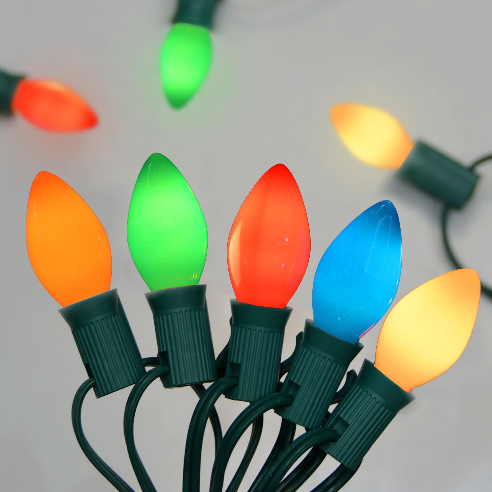 SUNSGNE C7 LED Christmas Lights, 25FT Multicolor Outdoor String Lights, Ceramic Glass Bulbs, Green Wire