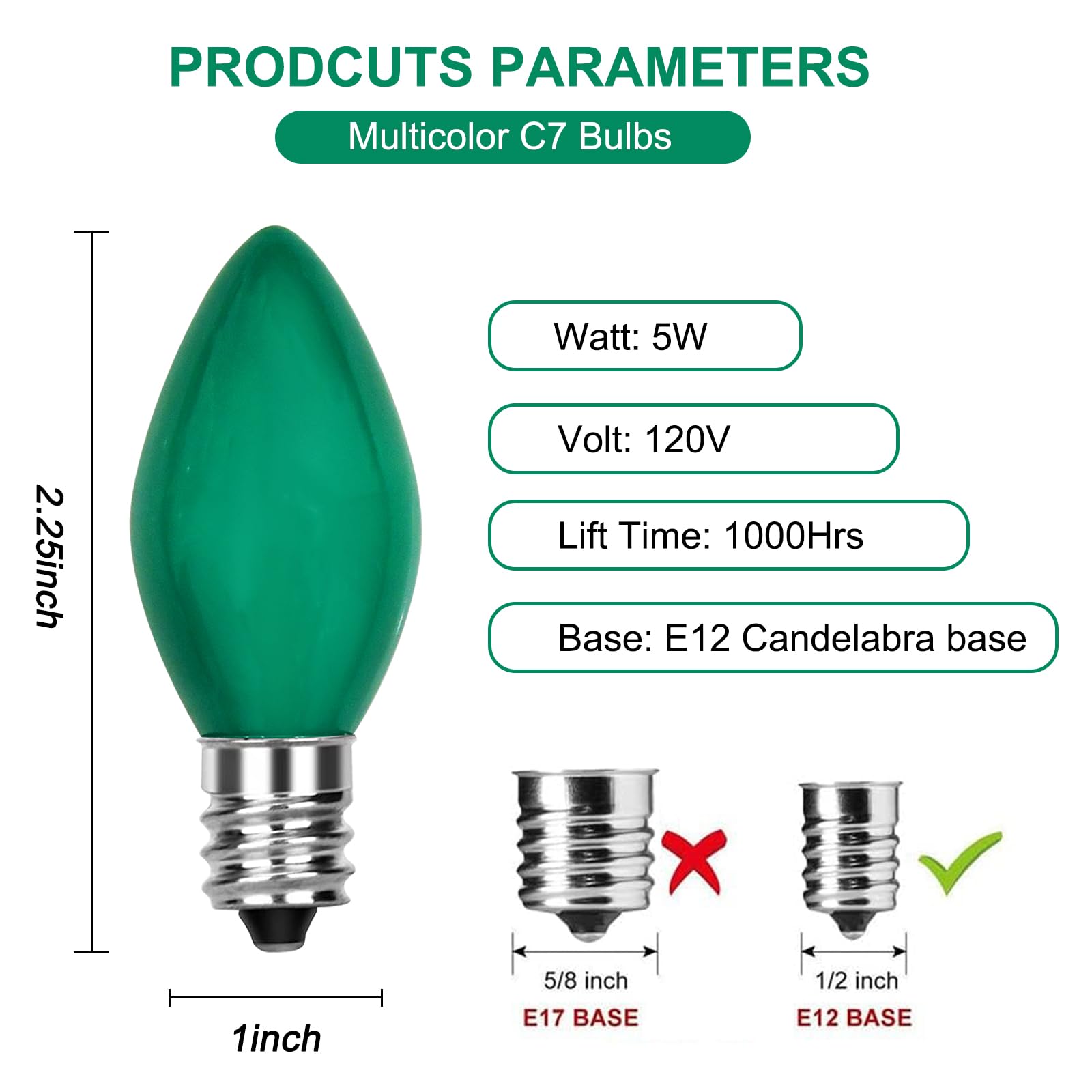 Bokoiuu C7 Replacement Light Bulbs, 25 Pack Christmas Green Night Bulbs, C7/E12 Candelabra Base For Outdoor String Light Incande